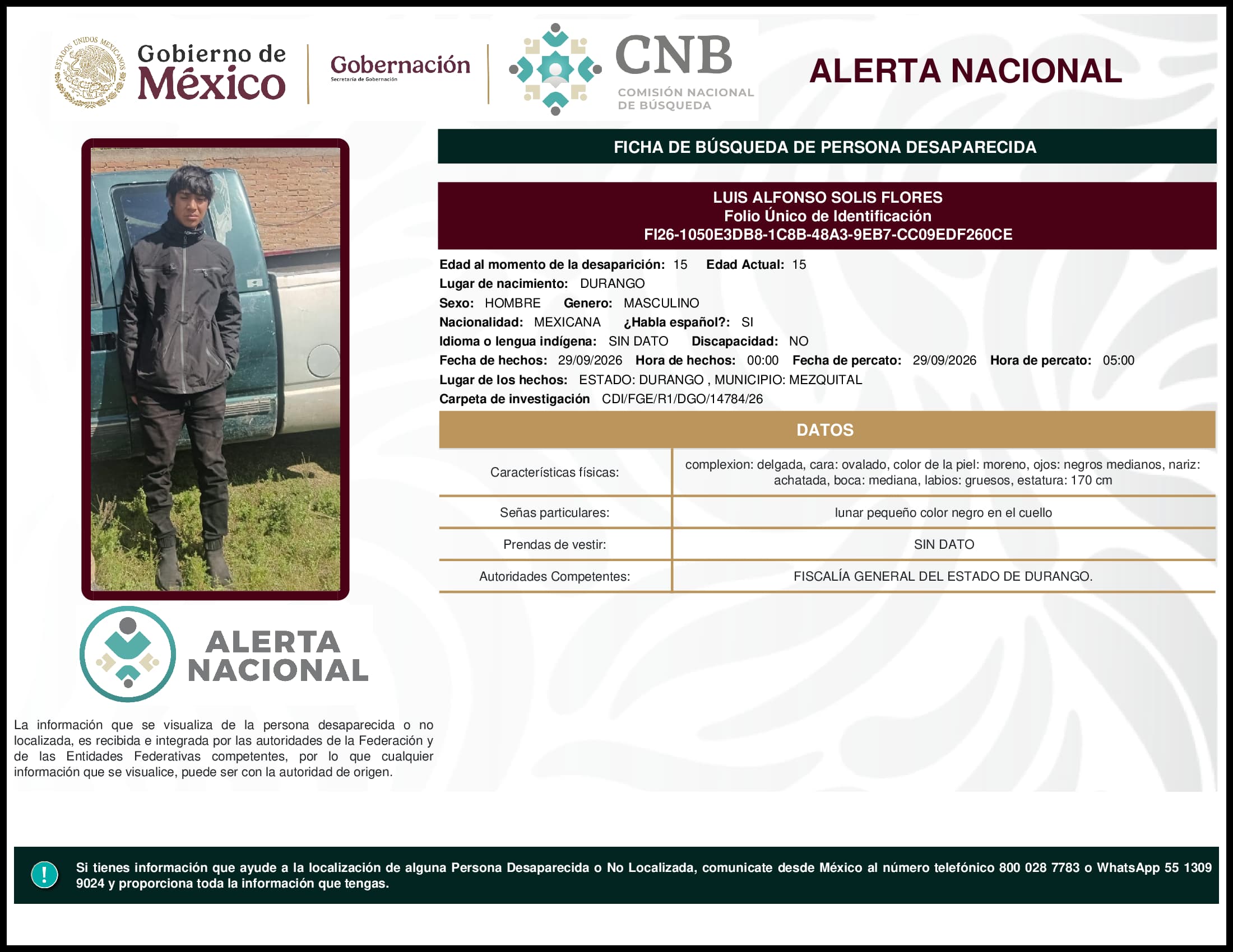 Persona desaparecida Luis Alfonso Solis Flores