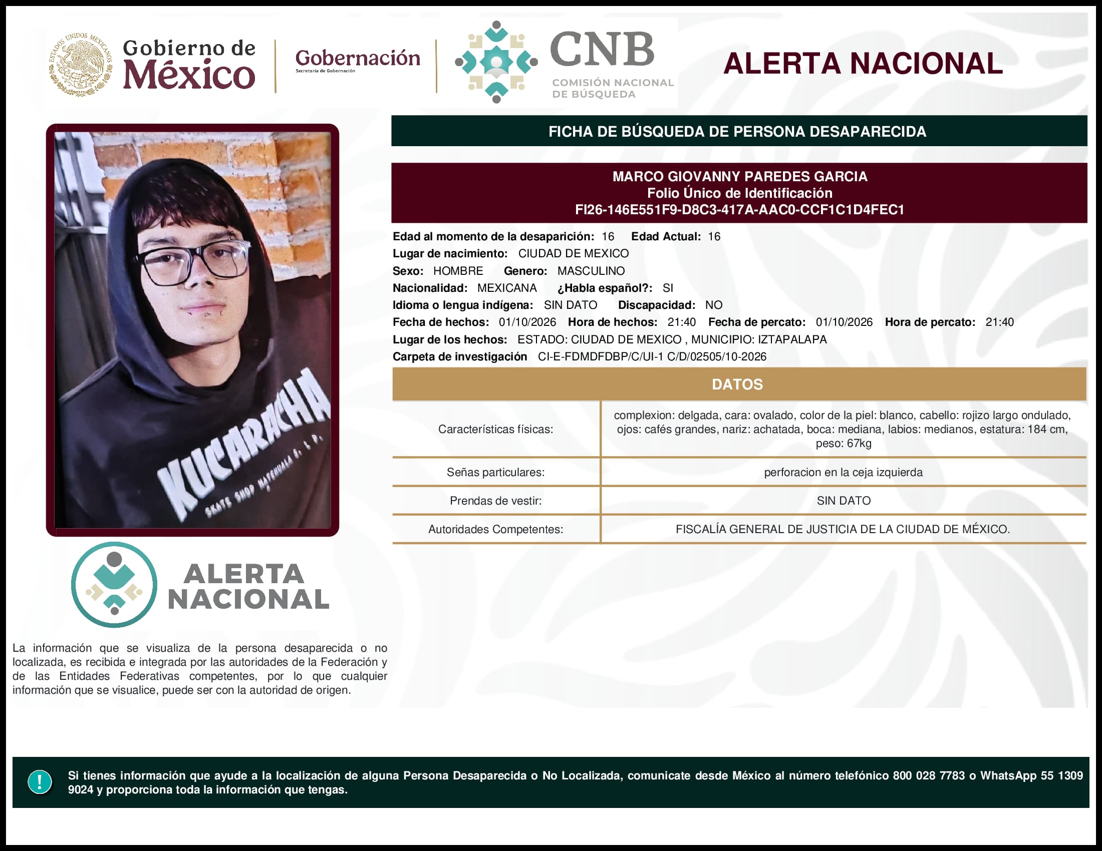 Persona desaparecida Marco Giovanny Paredes Garcia