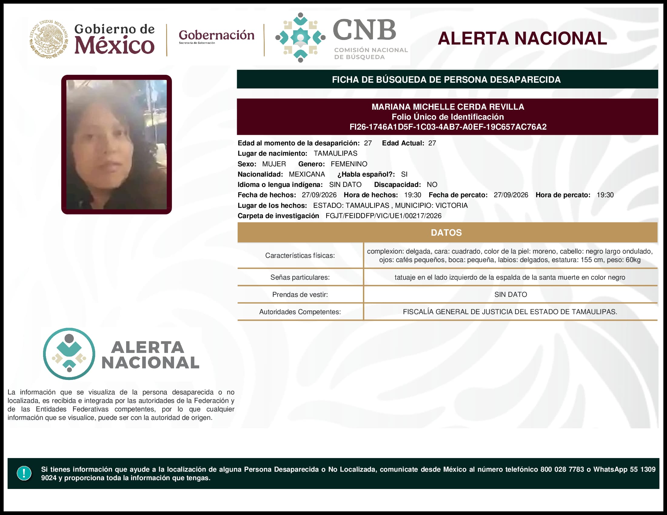 Persona desaparecida Mariana Michelle Cerda Revilla