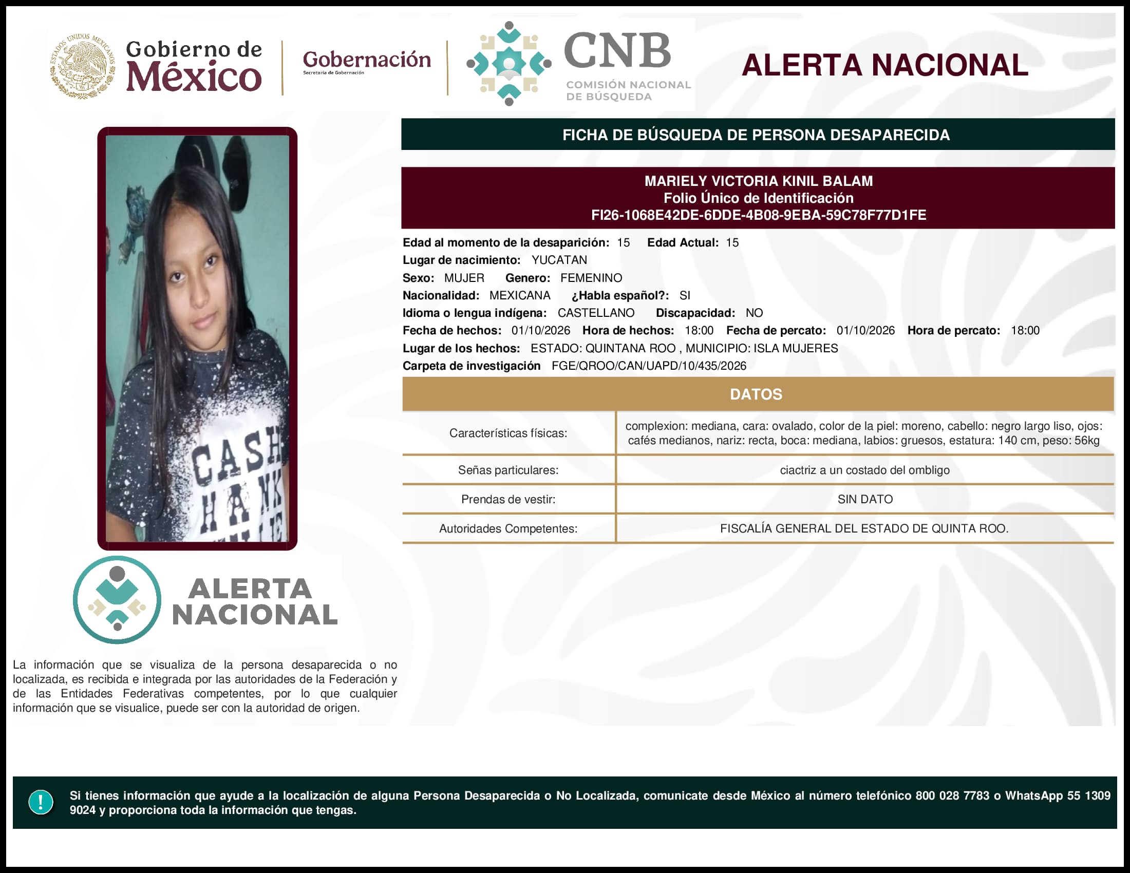 Persona desaparecida Mariely Victoria Kinil Balam