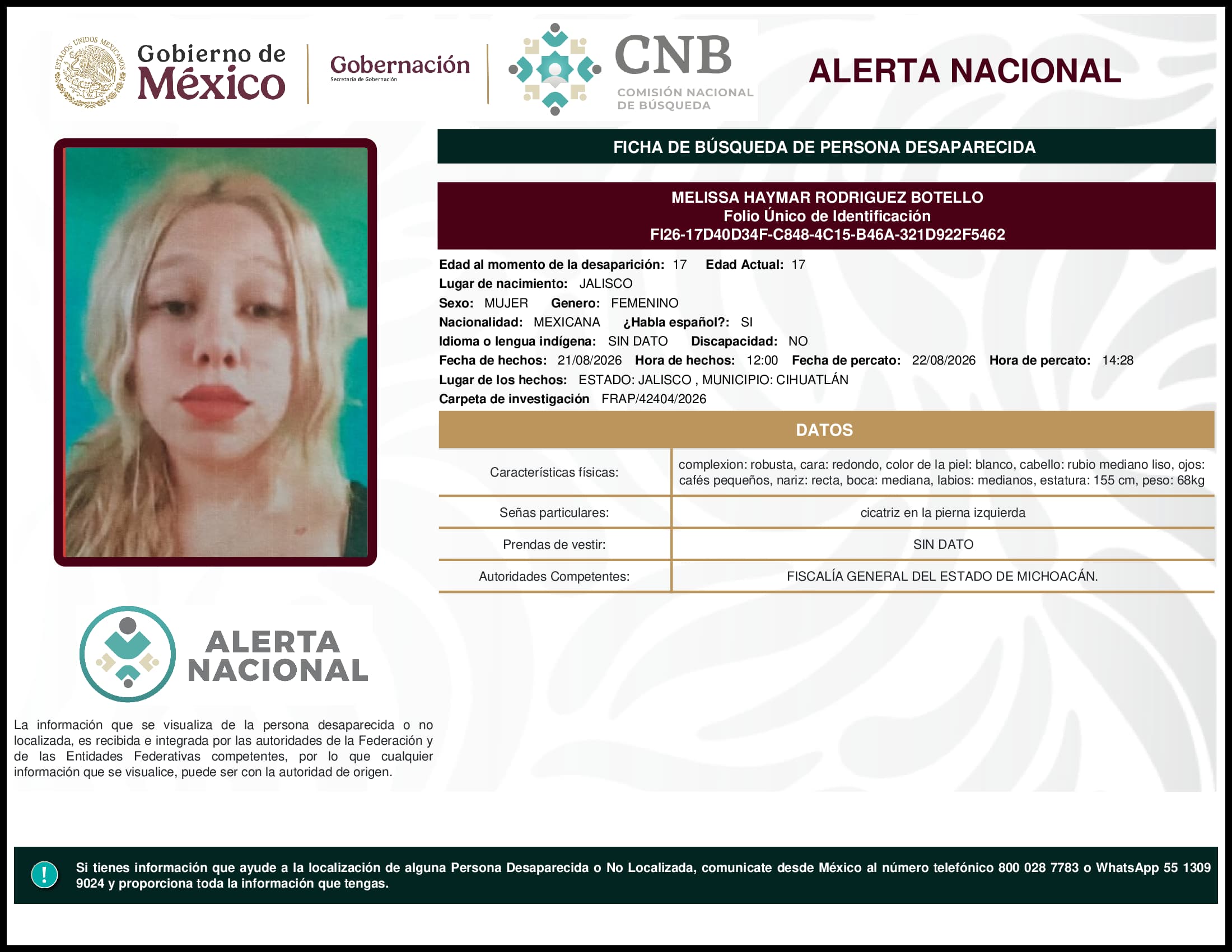 Persona desaparecida Melissa Haymar Rodriguez Botello