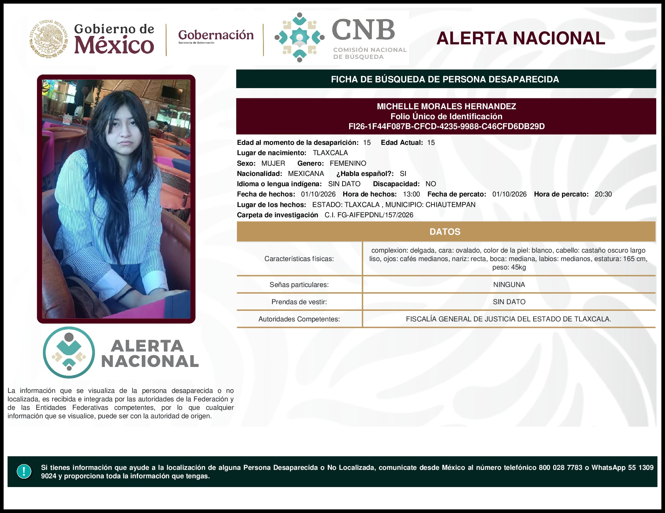 Persona desaparecida Michelle Morales Hernandez