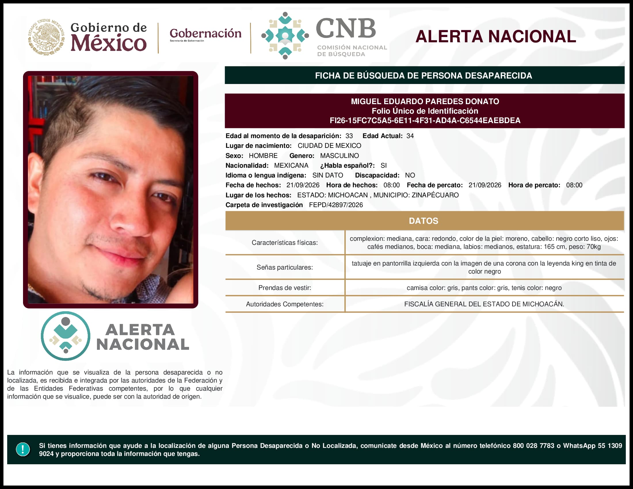 Persona desaparecida Miguel Eduardo Paredes Donato