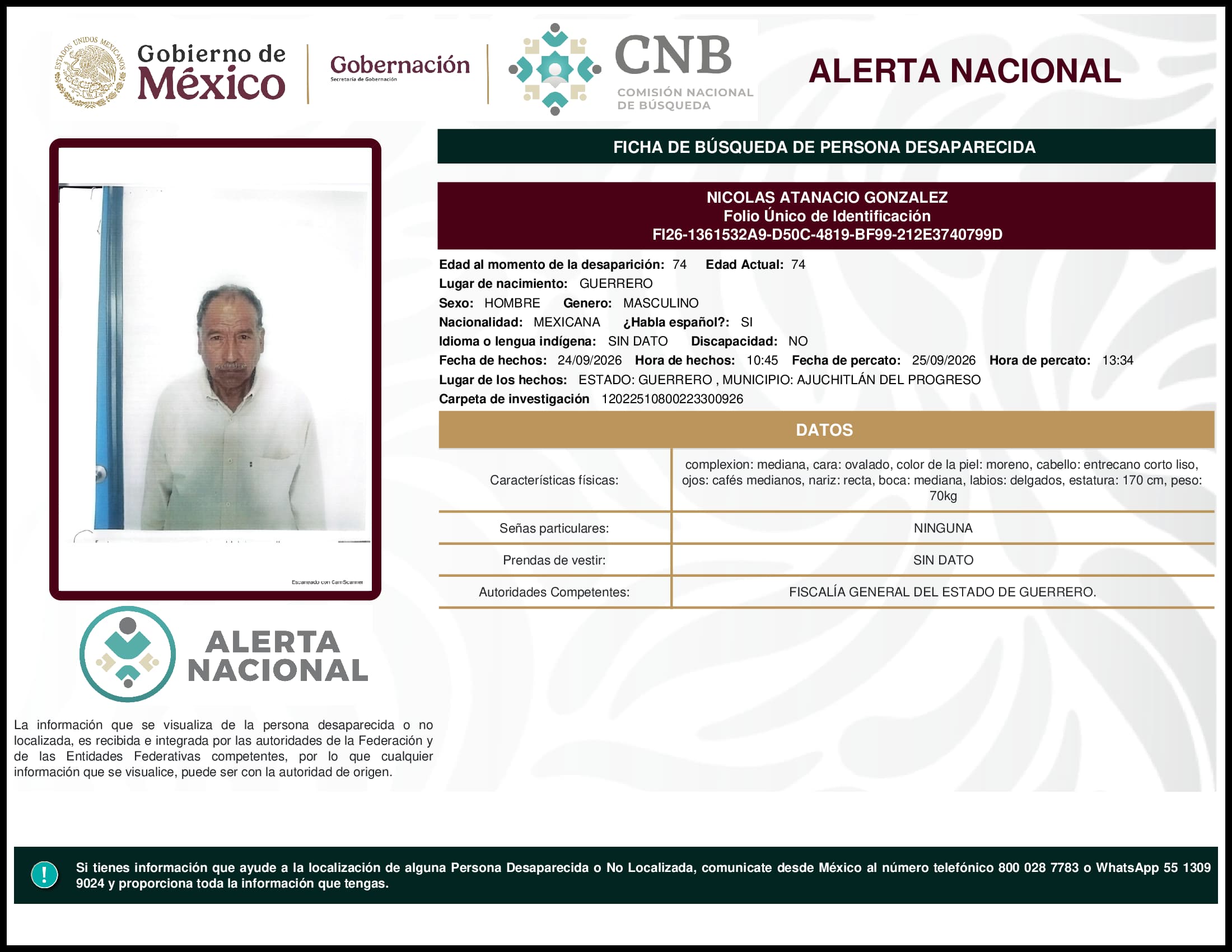 Persona desaparecida Nicolas Atanacio Gonzalez