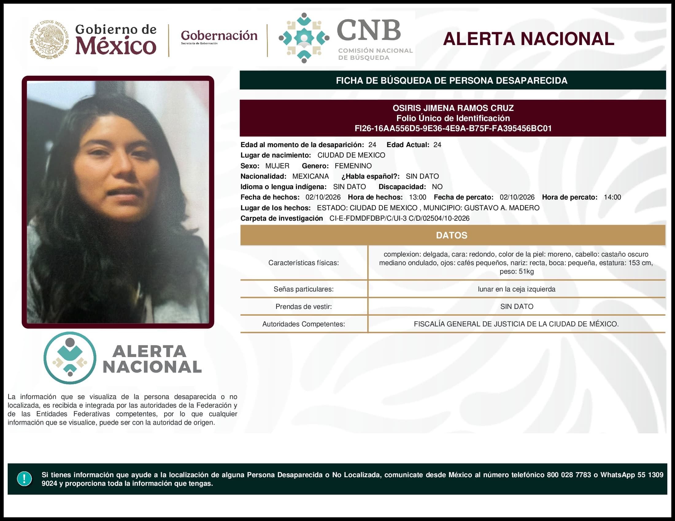 Persona desaparecida Osiris Jimena Ramos Cruz