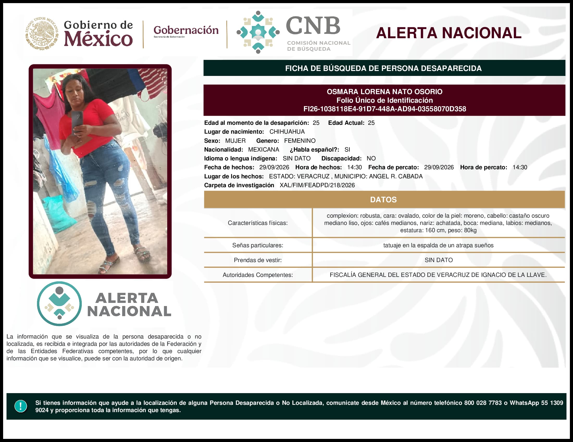 Persona desaparecida Osmara Lorena Nato Osorio