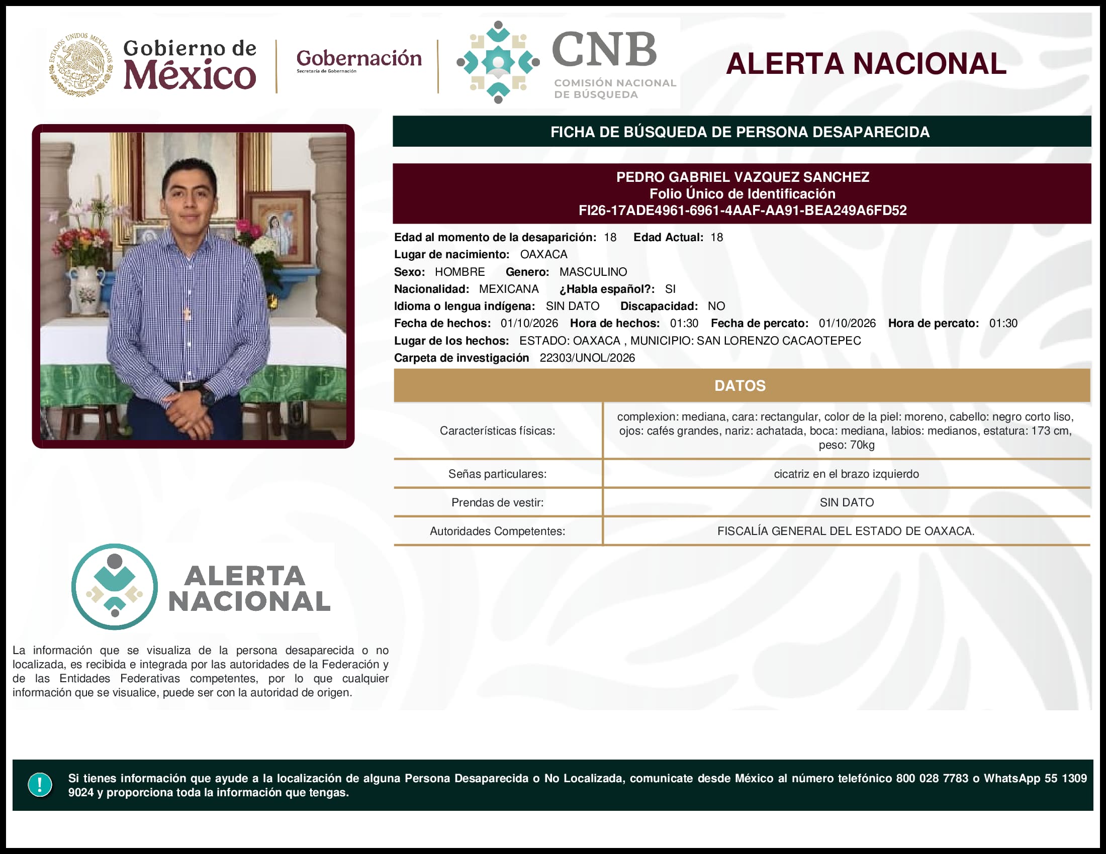 Persona desaparecida Pedro Gabriel Vazquez Sanchez