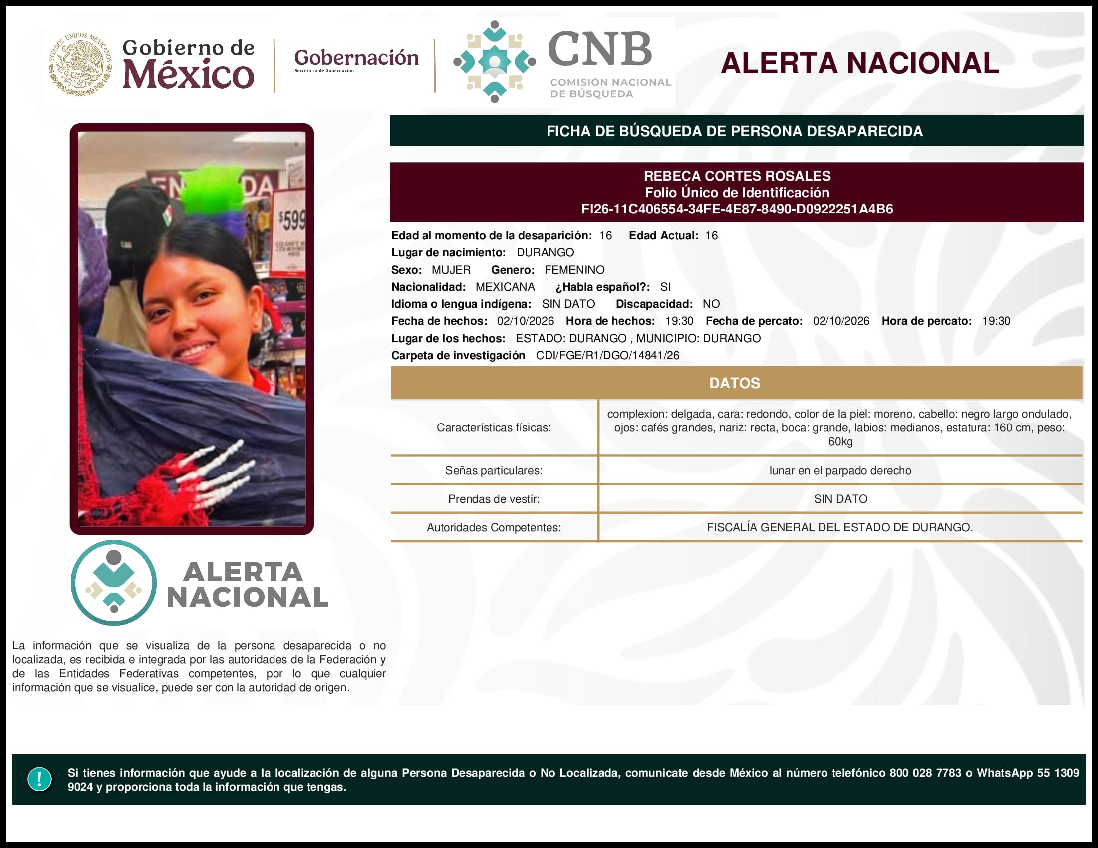 Persona desaparecida Rebeca Cortes Rosales