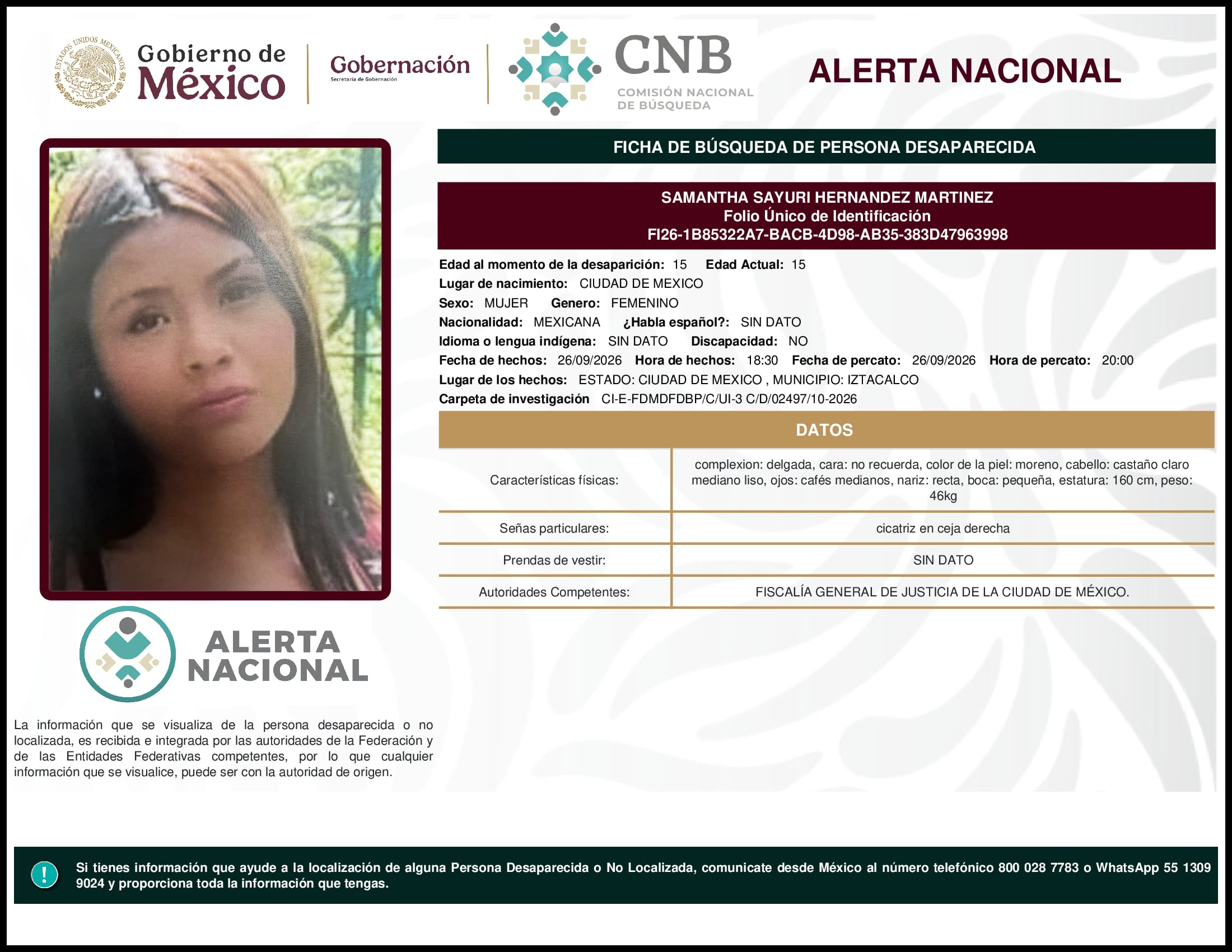 Persona desaparecida Samantha Sayuri Hernandez Martinez