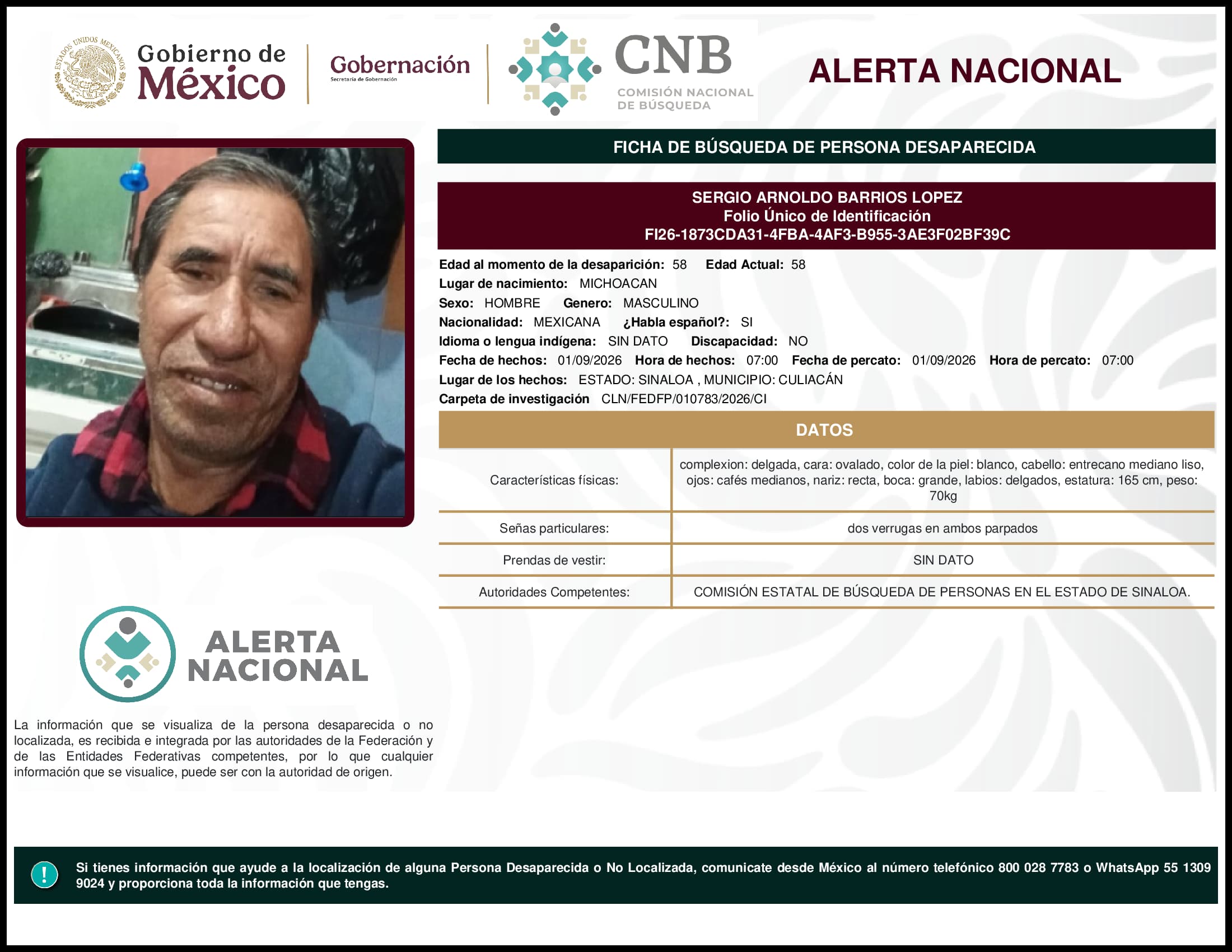 Persona desaparecida Sergio Arnoldo Barrios Lopez