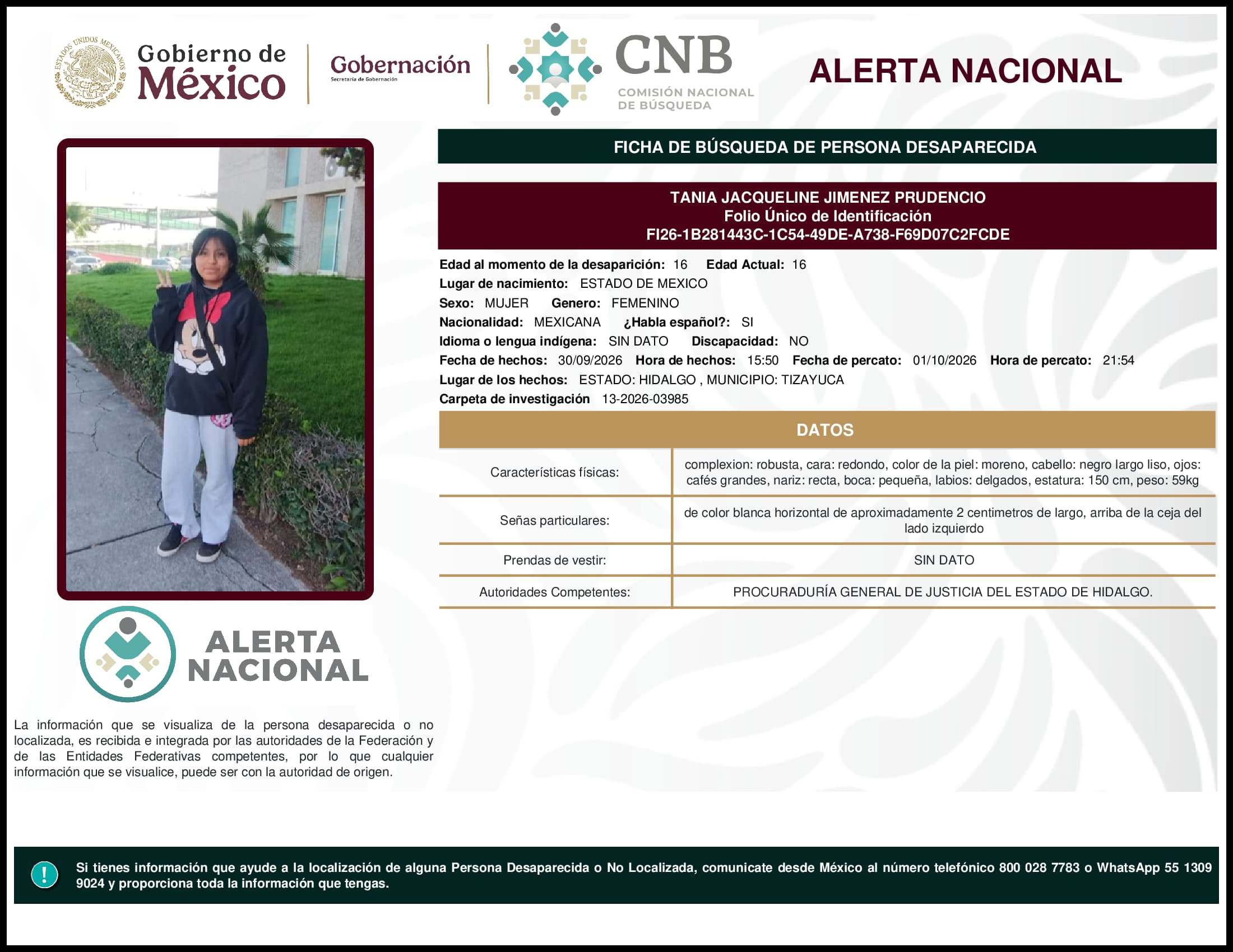 Persona desaparecida Tania Jacqueline Jimenez Prudencio