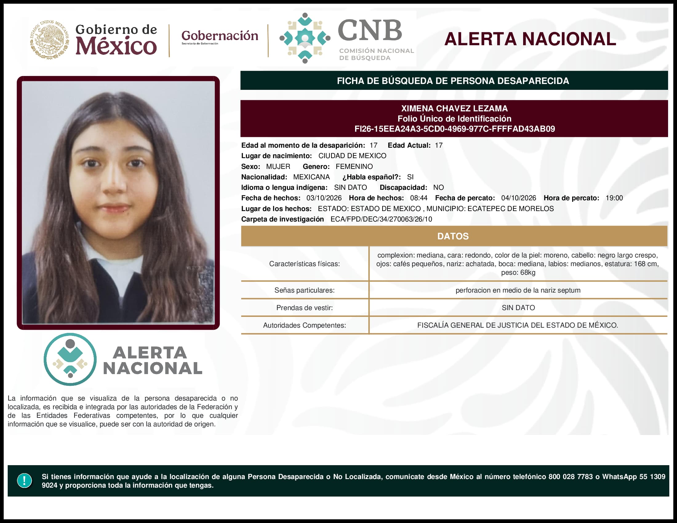 Persona desaparecida Ximena Chavez Lezama