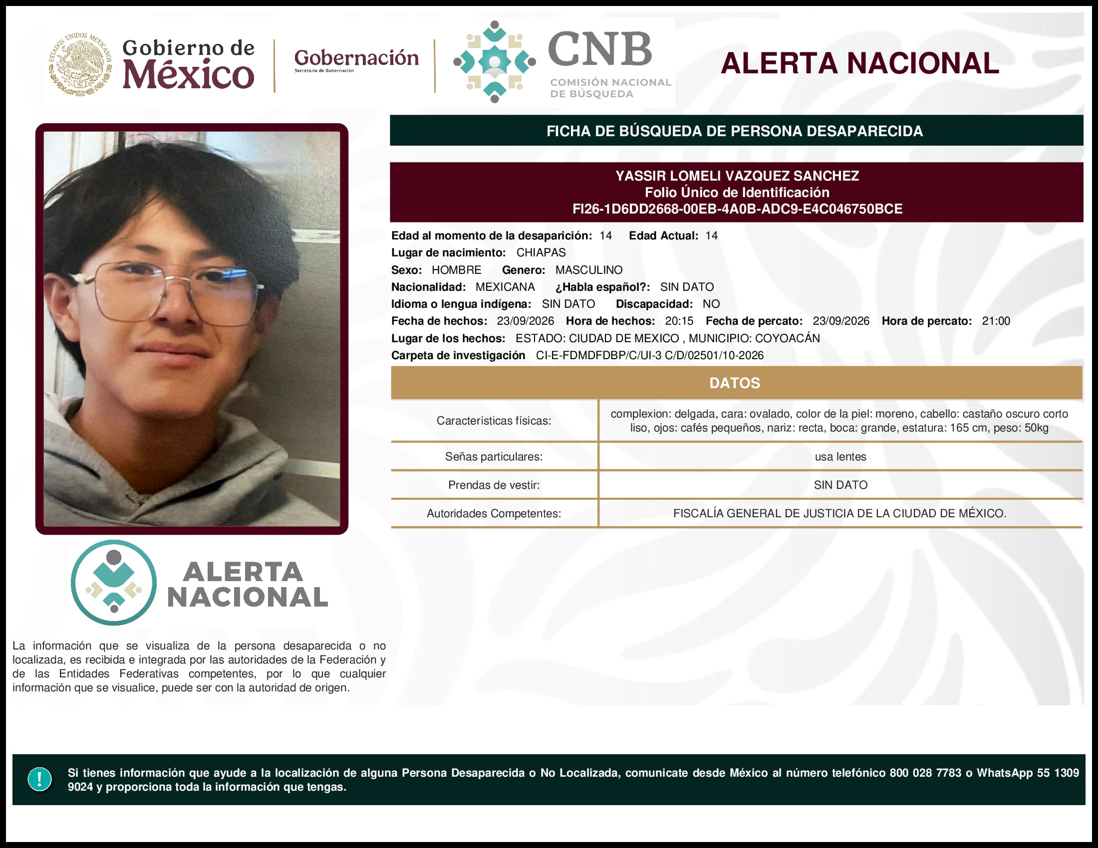 Persona desaparecida Yassir Lomeli Vazquez Sanchez