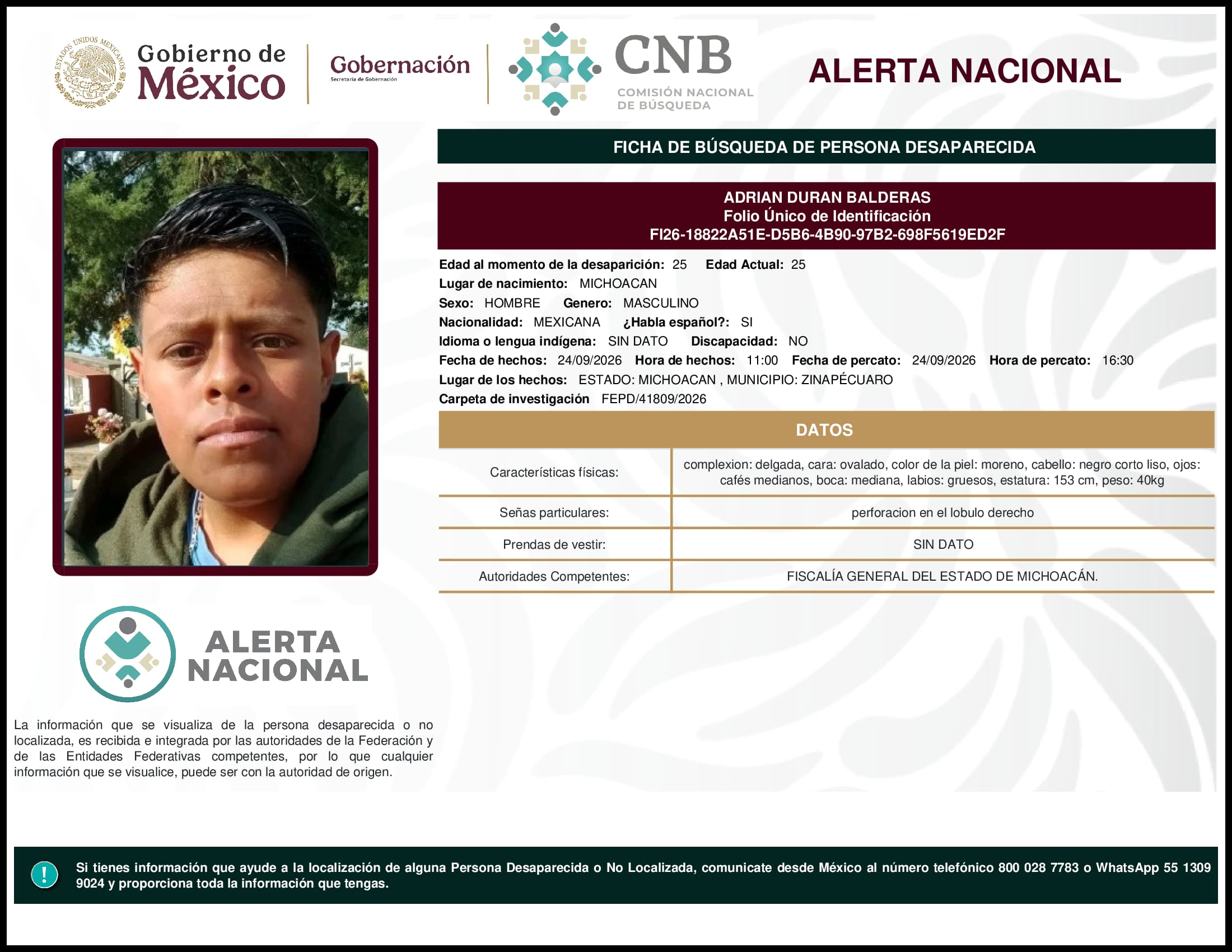 Persona desaparecida Adrian Duran Balderas