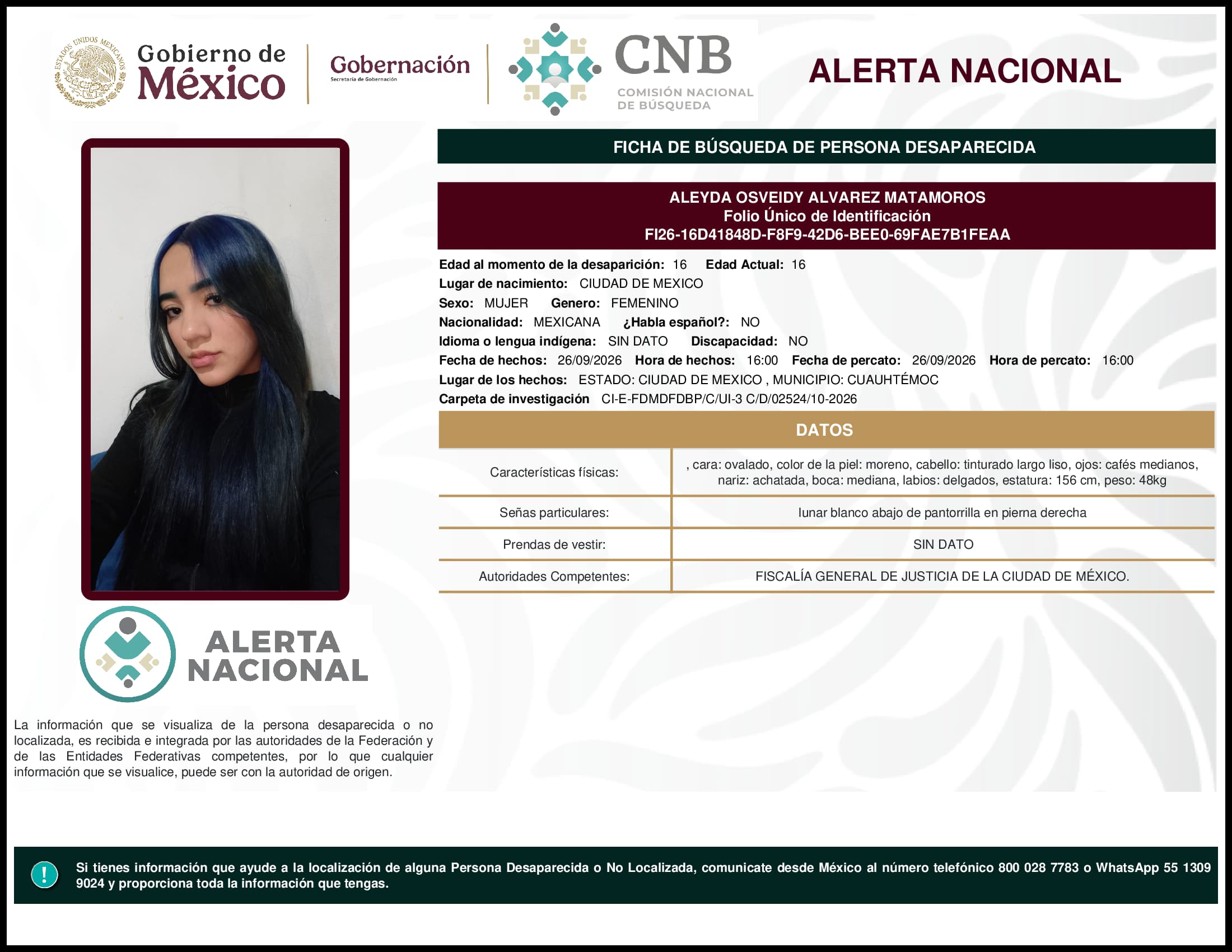 Persona desaparecida Aleyda Osveidy Alvarez Matamoros