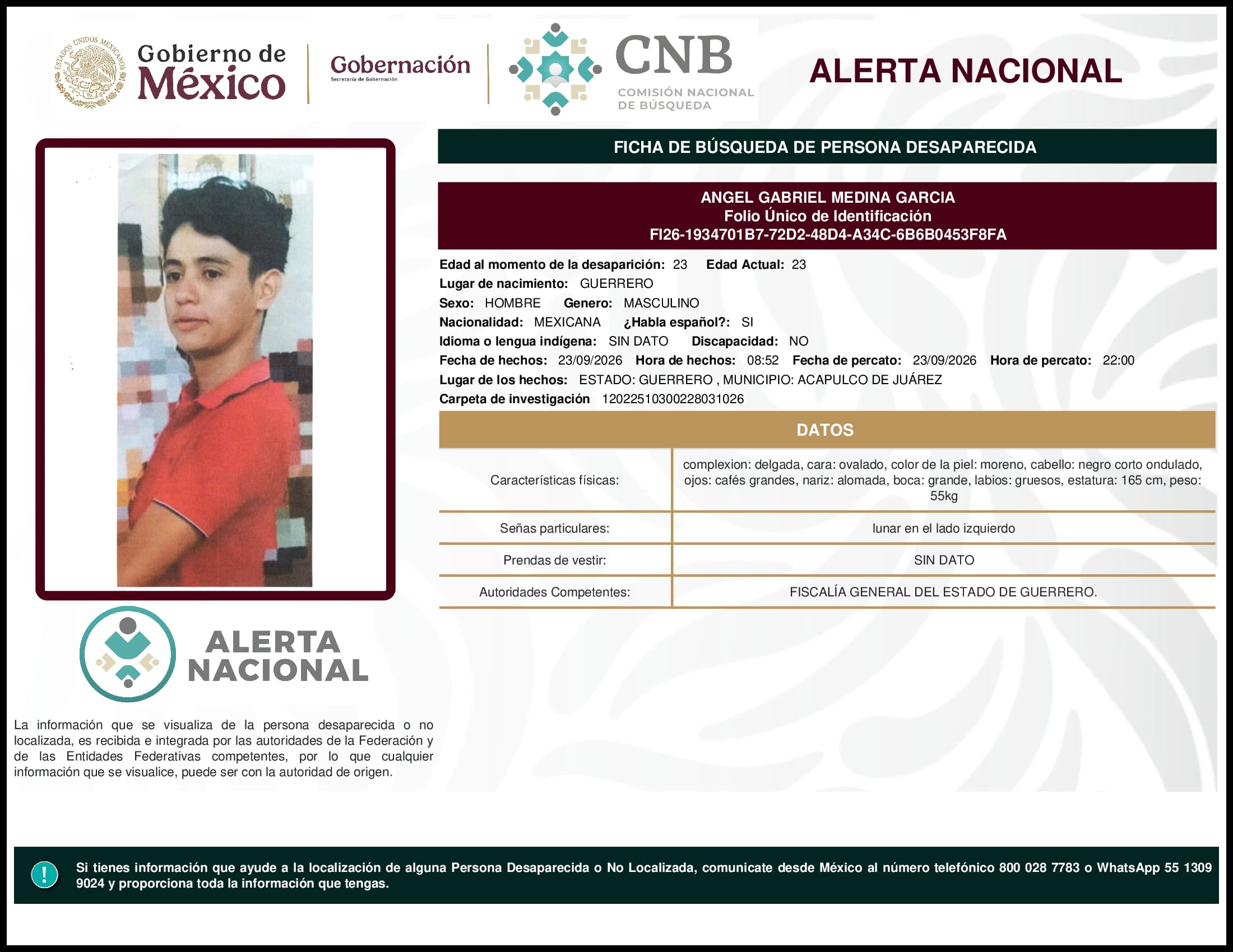 Persona desaparecida Angel Gabriel Medina Garcia