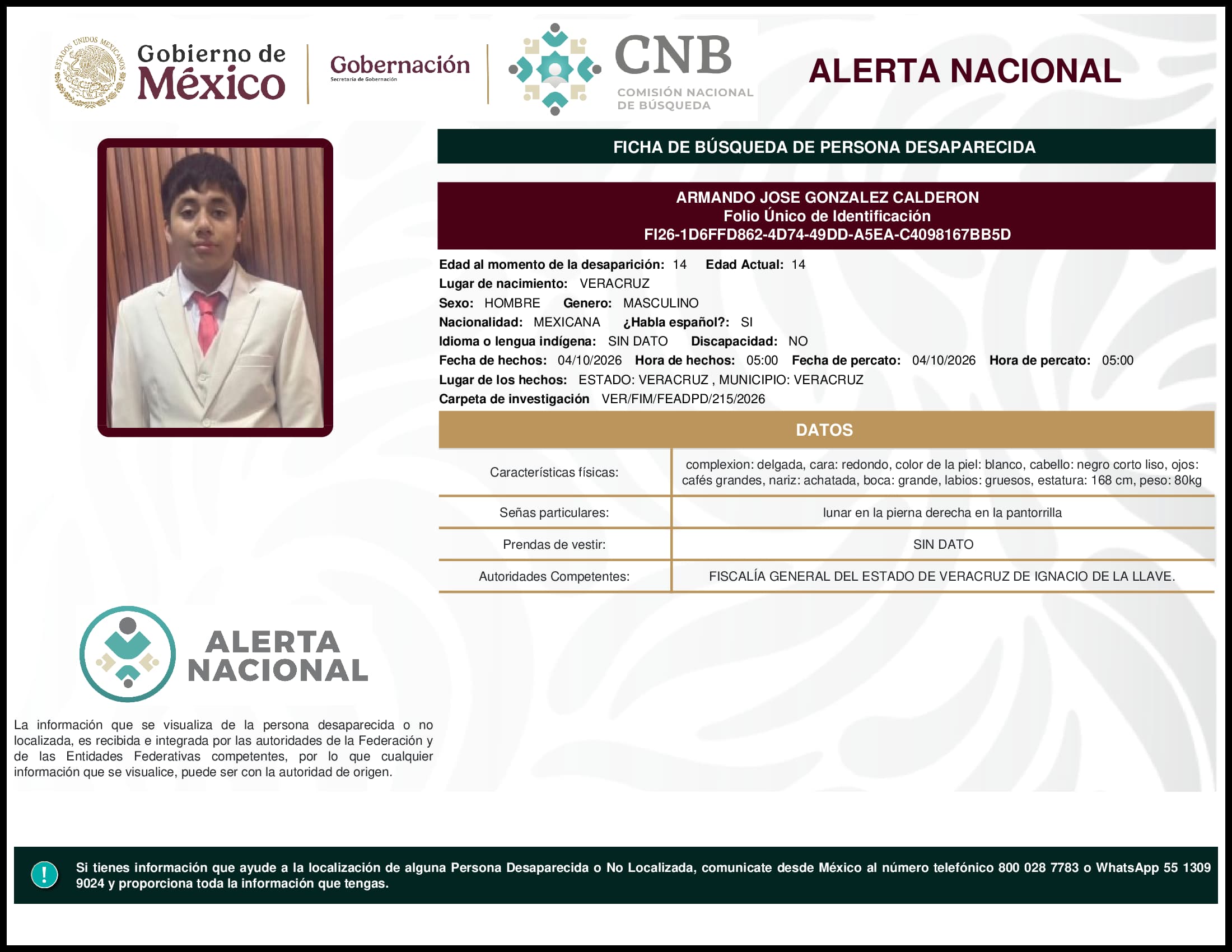 Persona desaparecida Armando Jose Gonzalez Calderon