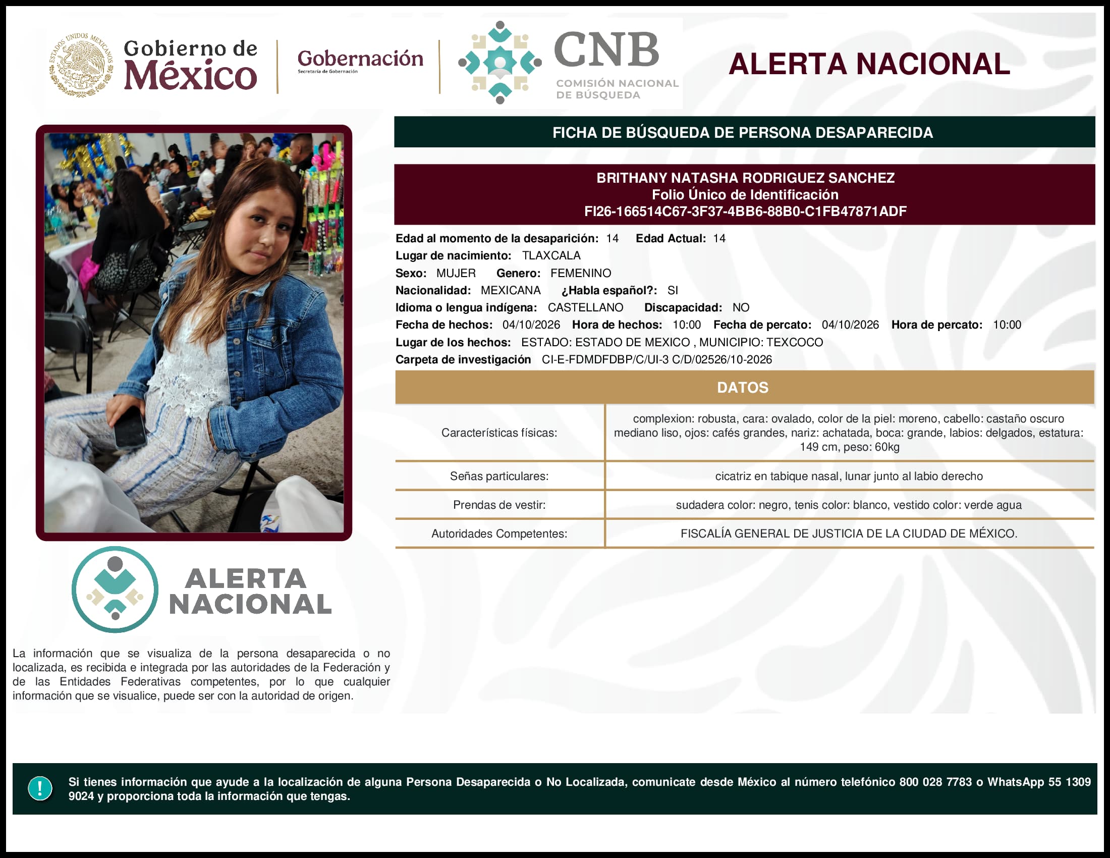 Persona desaparecida Brithany Natasha Rodriguez Sanchez