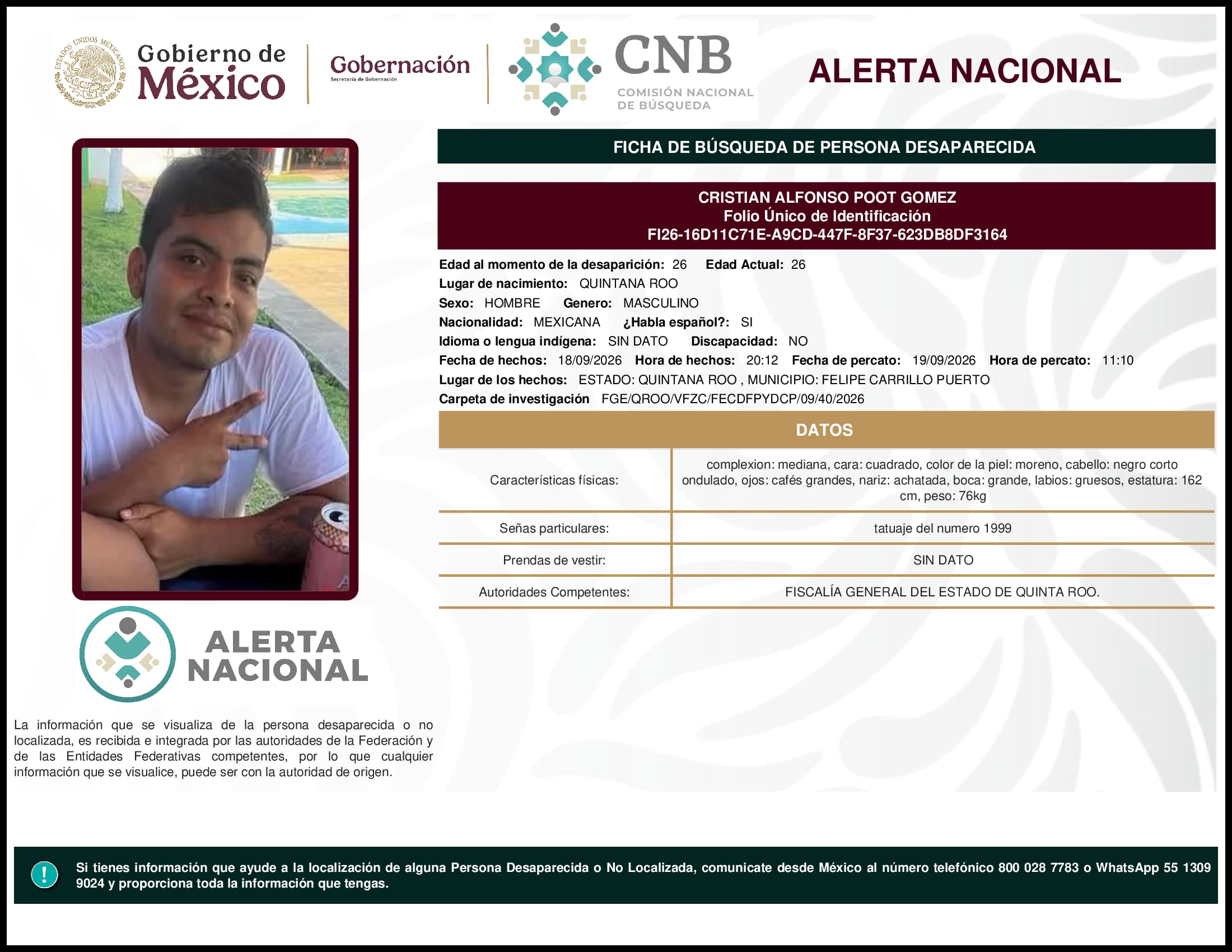Persona desaparecida Cristian Alfonso Poot Gomez