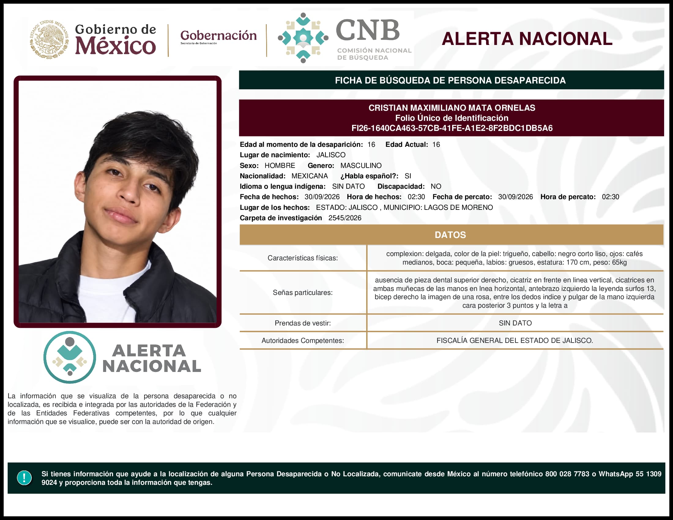 Persona desaparecida Cristian Maximiliano Mata Ornelas