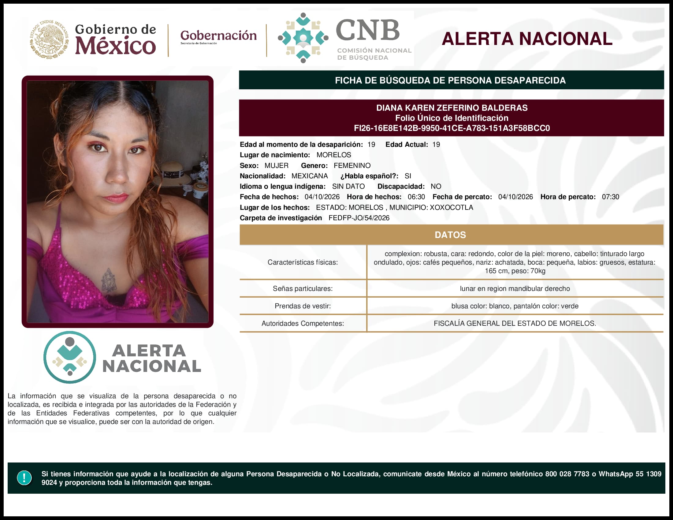 Persona desaparecida Diana Karen Zeferino Balderas