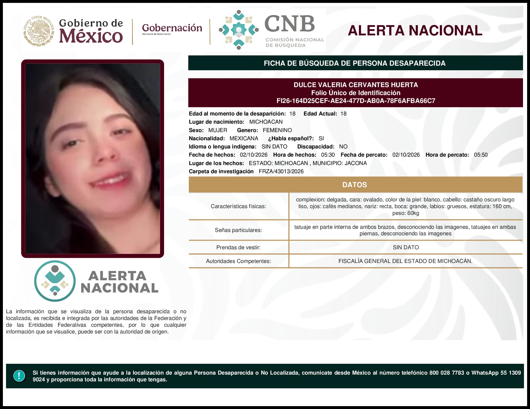 Persona desaparecida Dulce Valeria Cervantes Huerta