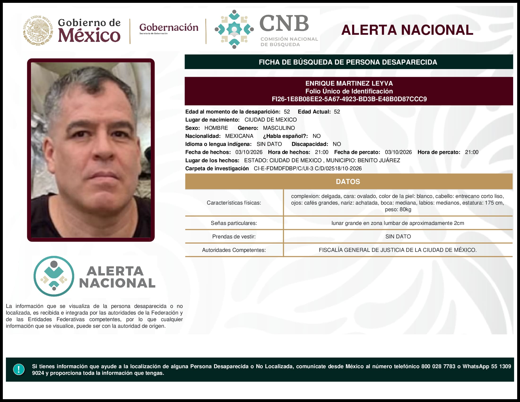 Persona desaparecida Enrique Martinez Leyva