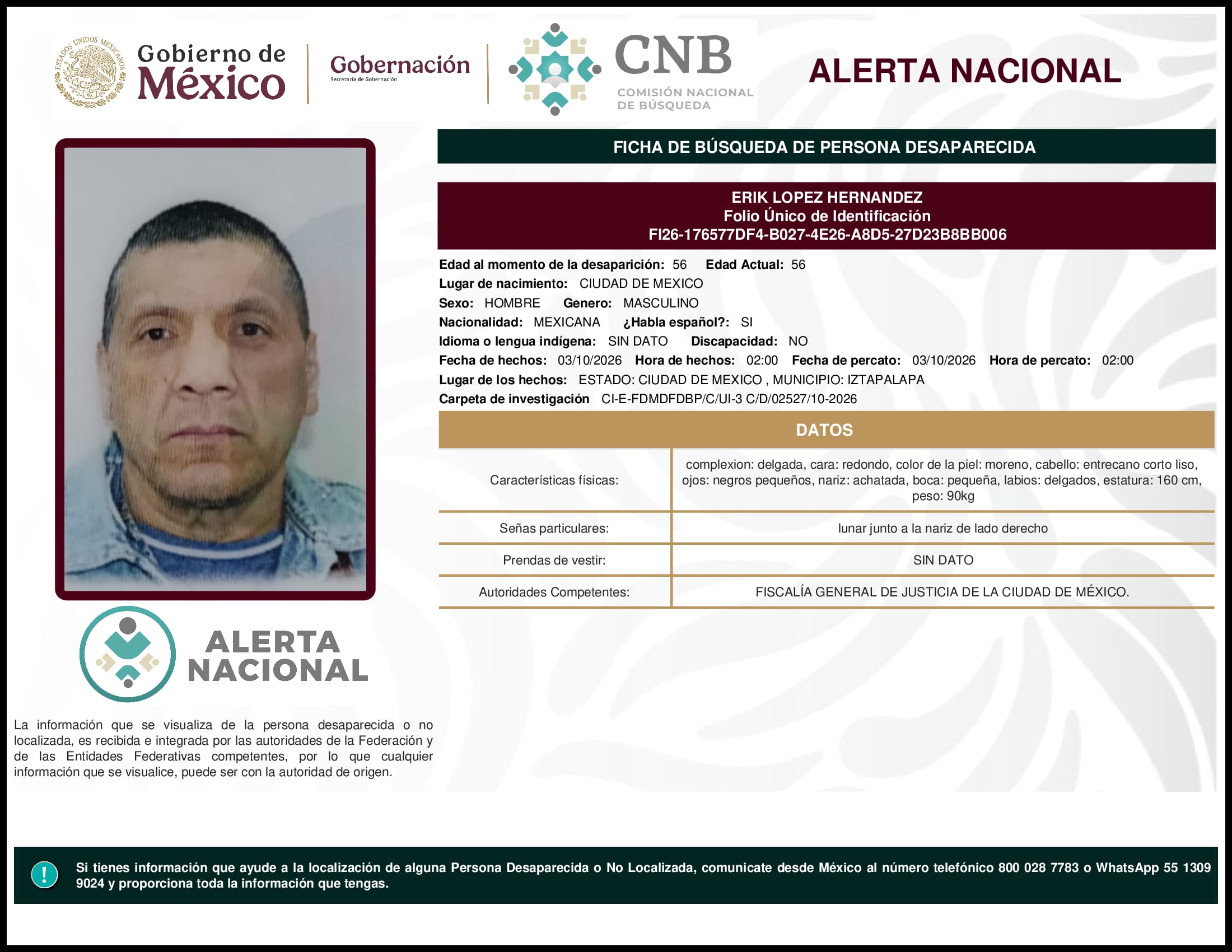 Persona desaparecida Erik Lopez Hernandez