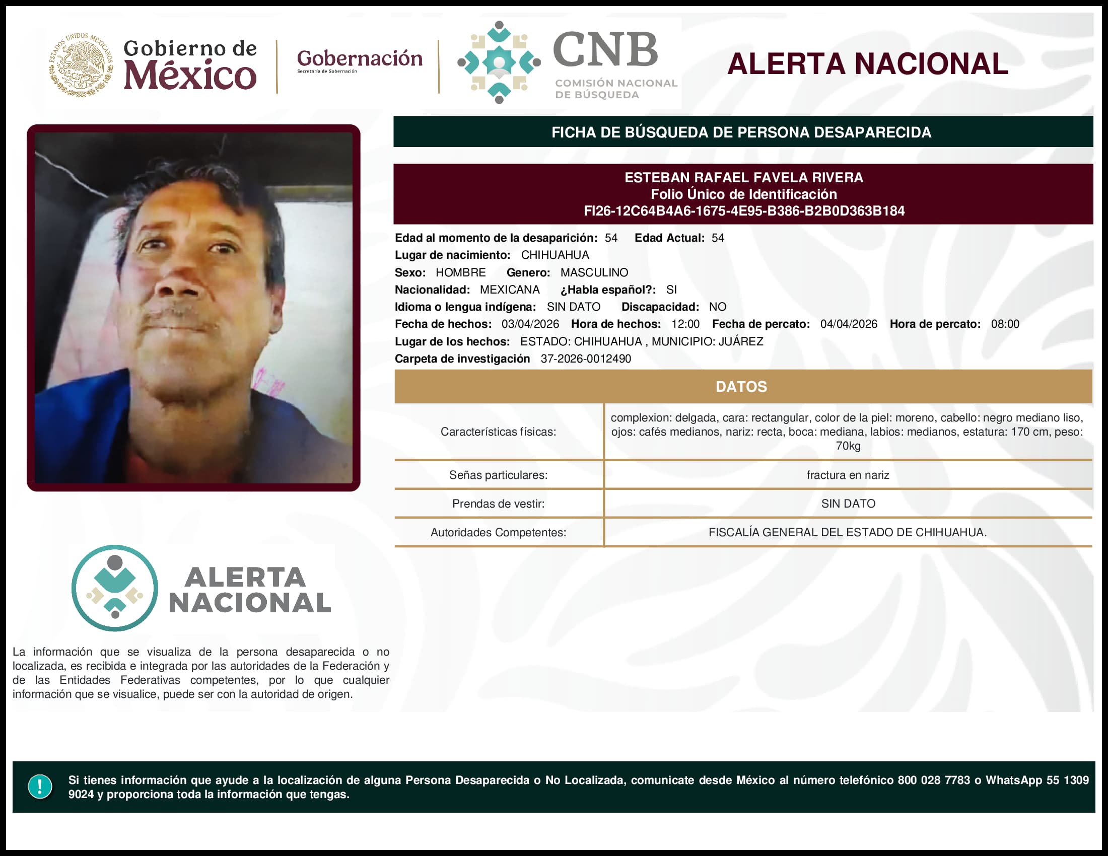 Persona desaparecida Esteban Rafael Favela Rivera
