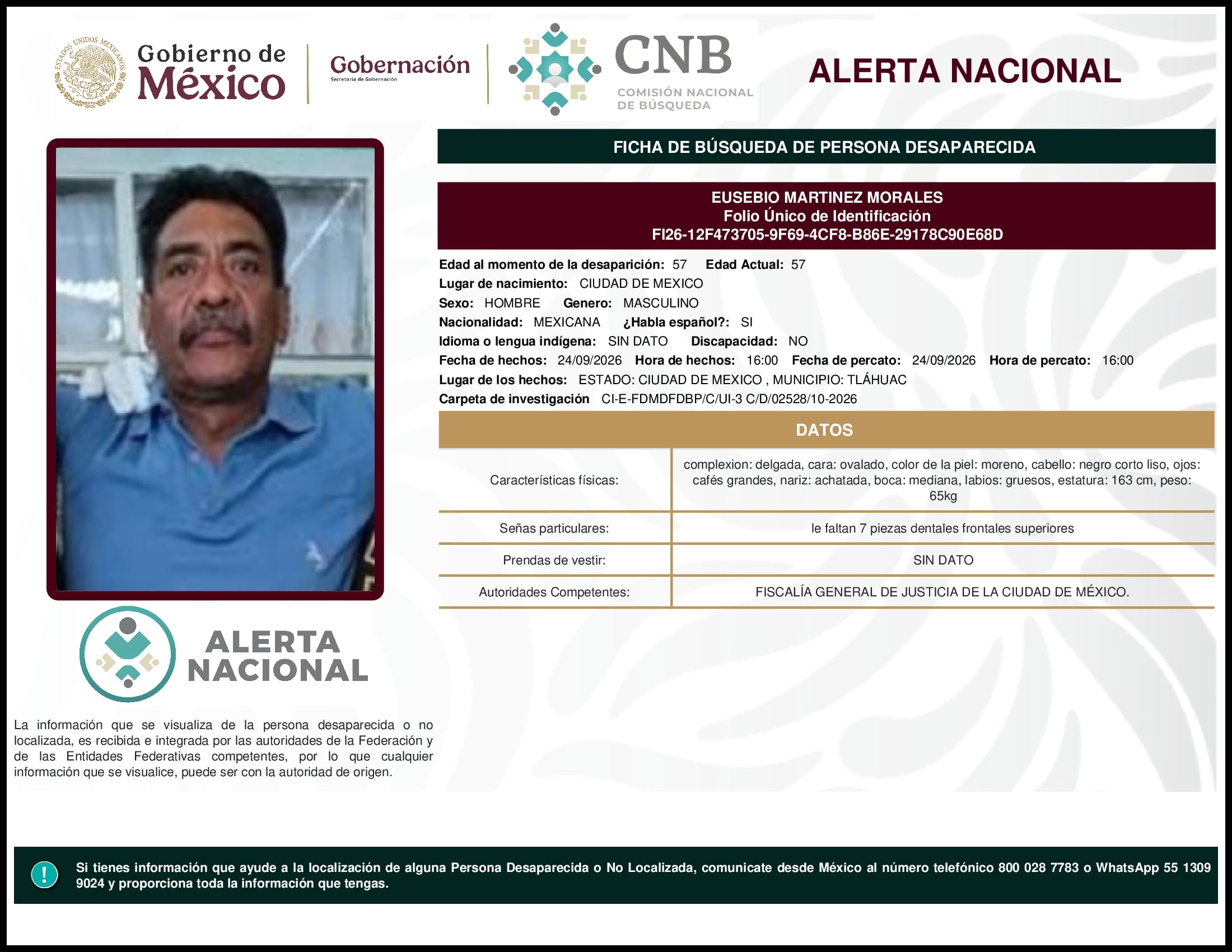 Persona desaparecida Eusebio Martinez Morales