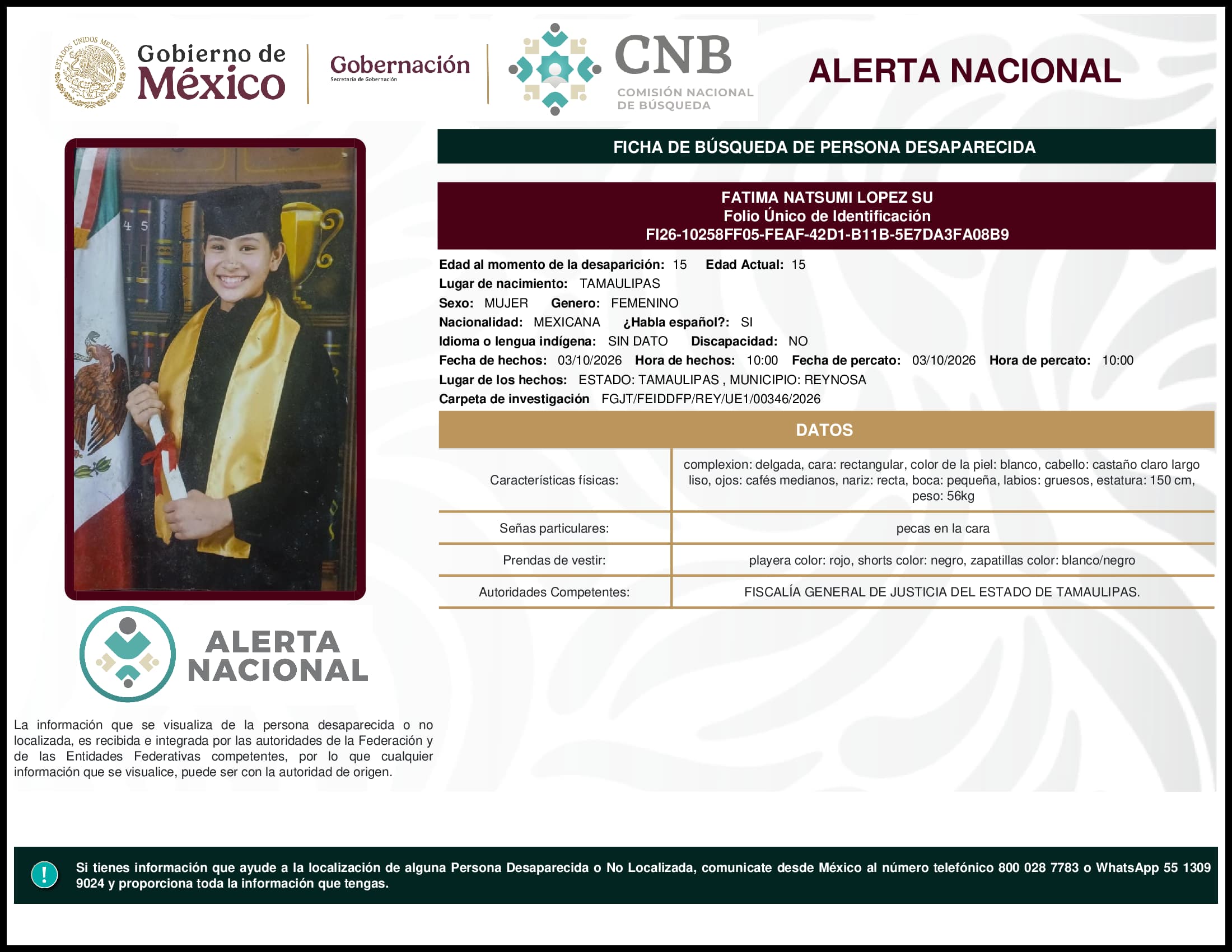 Persona desaparecida Fatima Natsumi Lopez Su
