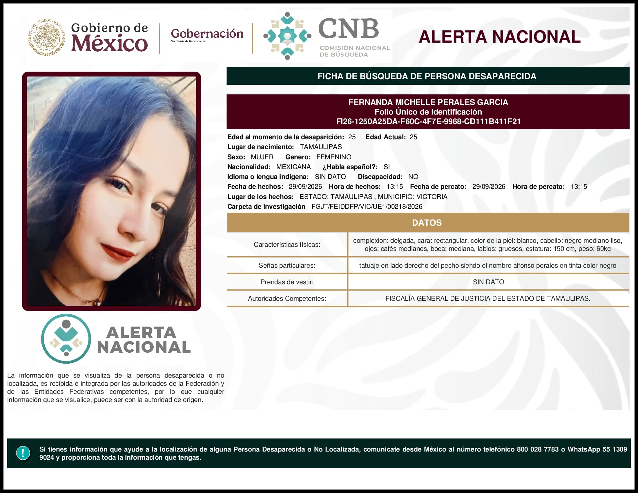 Persona desaparecida Fernanda Michelle Perales Garcia