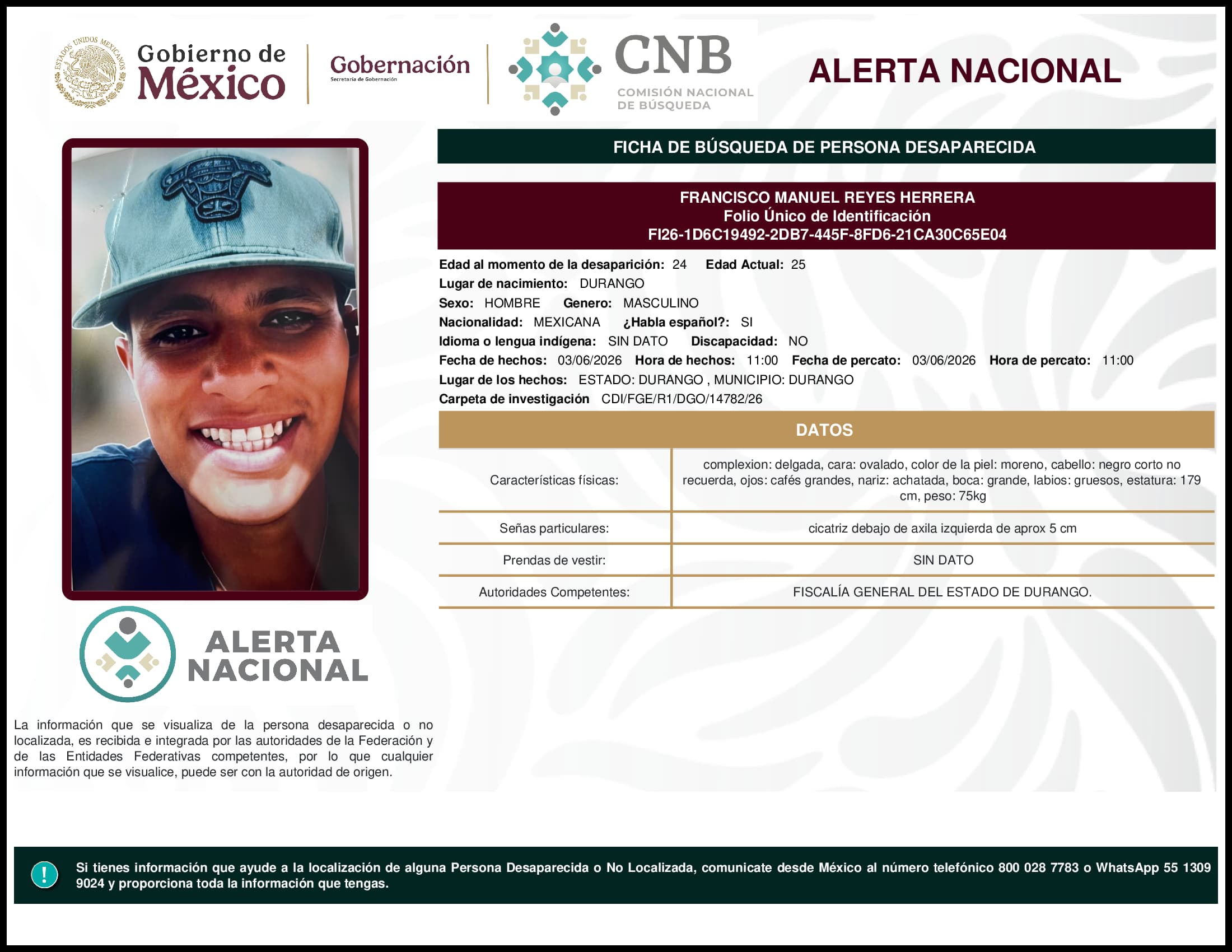 Persona desaparecida Francisco Manuel Reyes Herrera