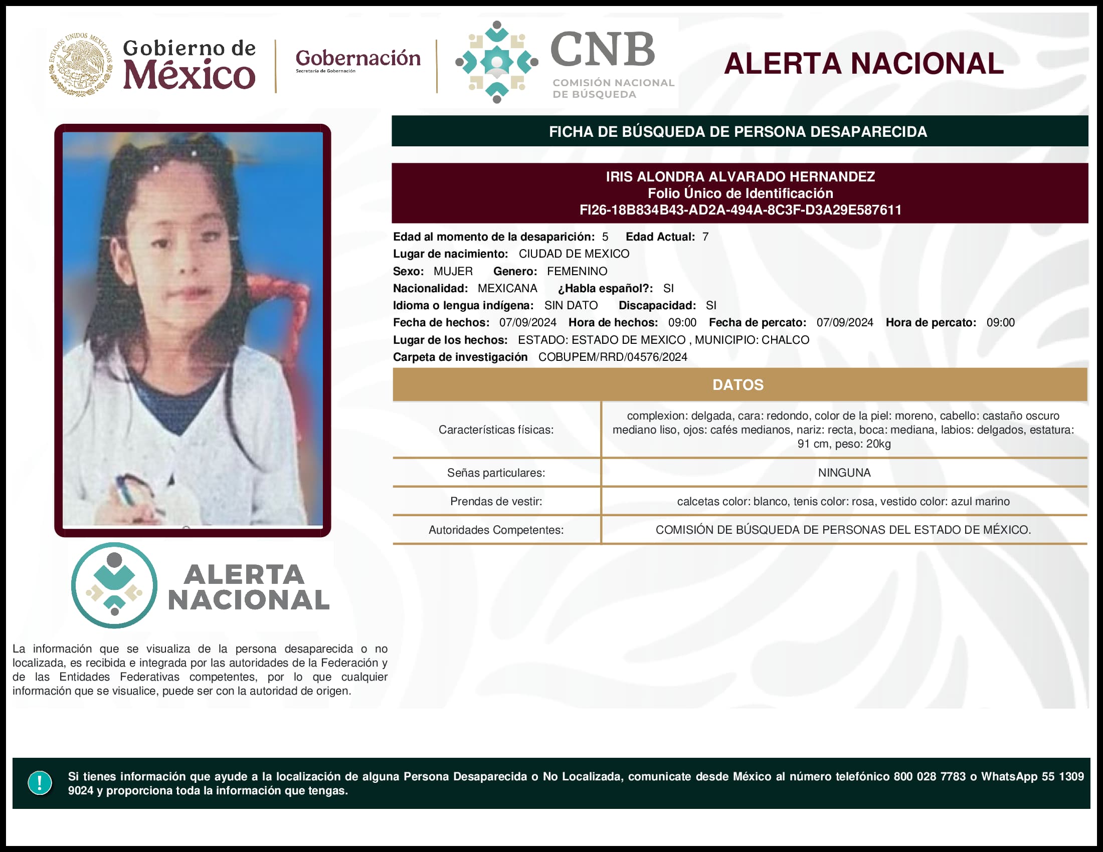 Persona desaparecida Iris Alondra Alvarado Hernandez