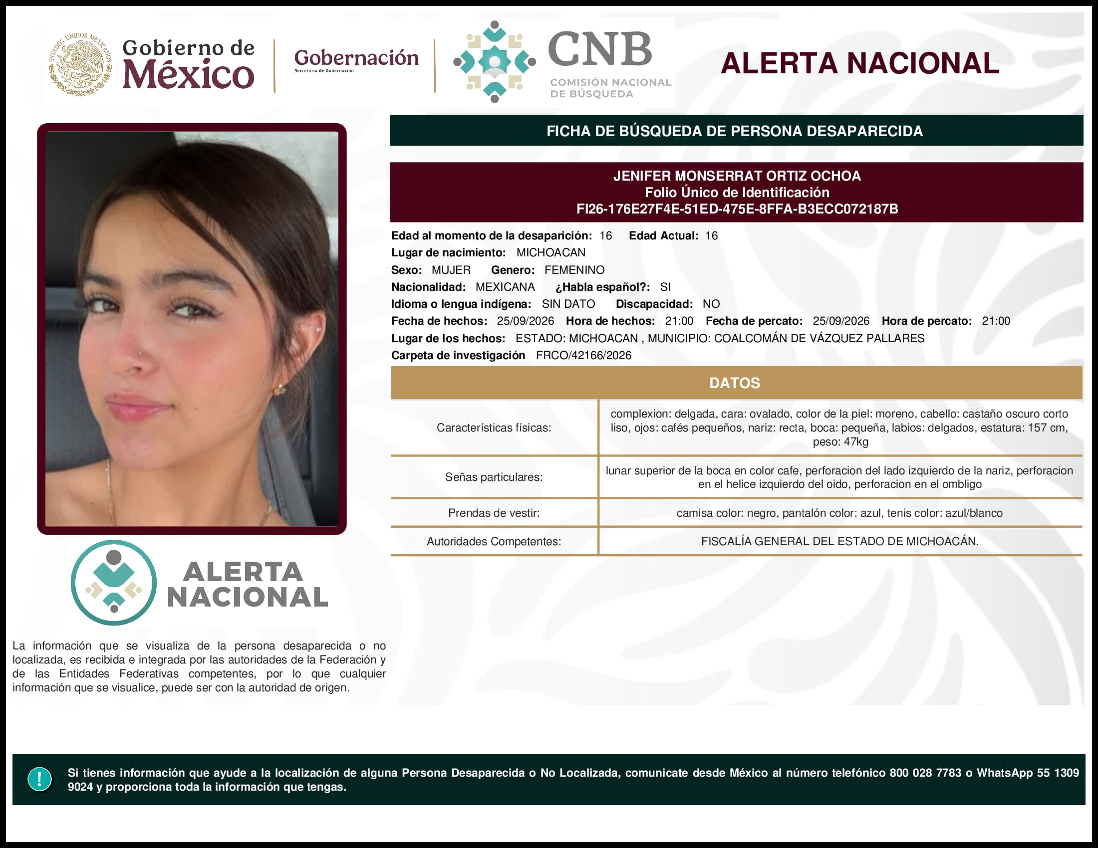 Persona desaparecida Jenifer Monserrat Ortiz Ochoa