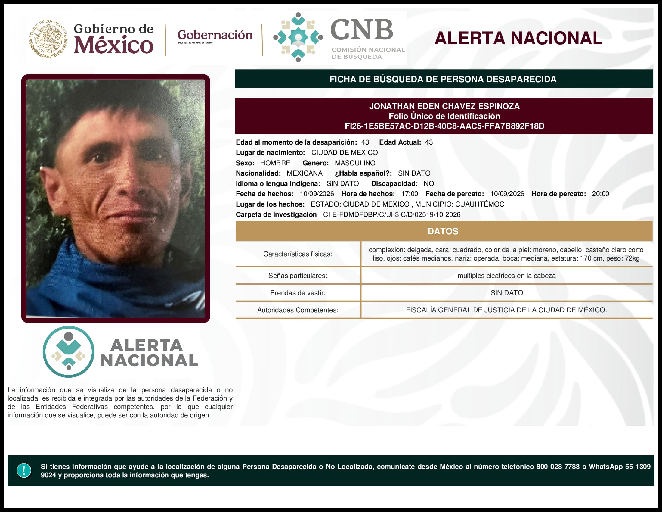 Persona desaparecida Jonathan Eden Chavez Espinoza