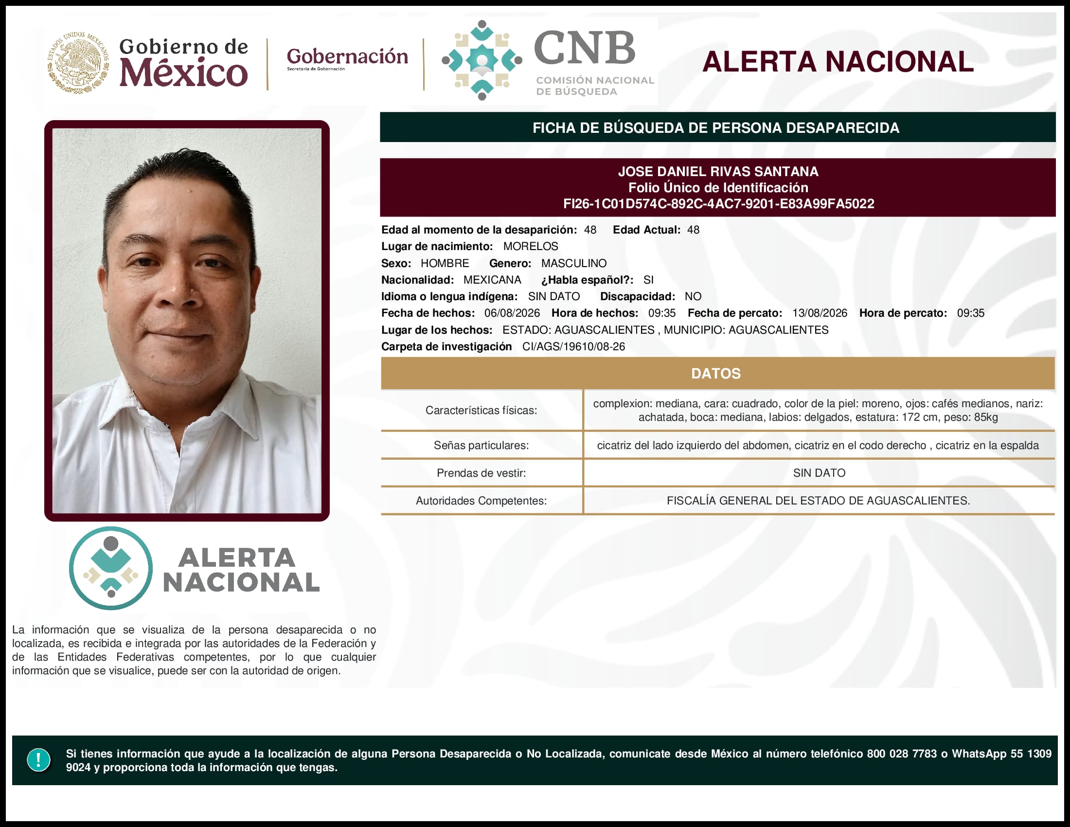 Persona desaparecida Jose Daniel Rivas Santana