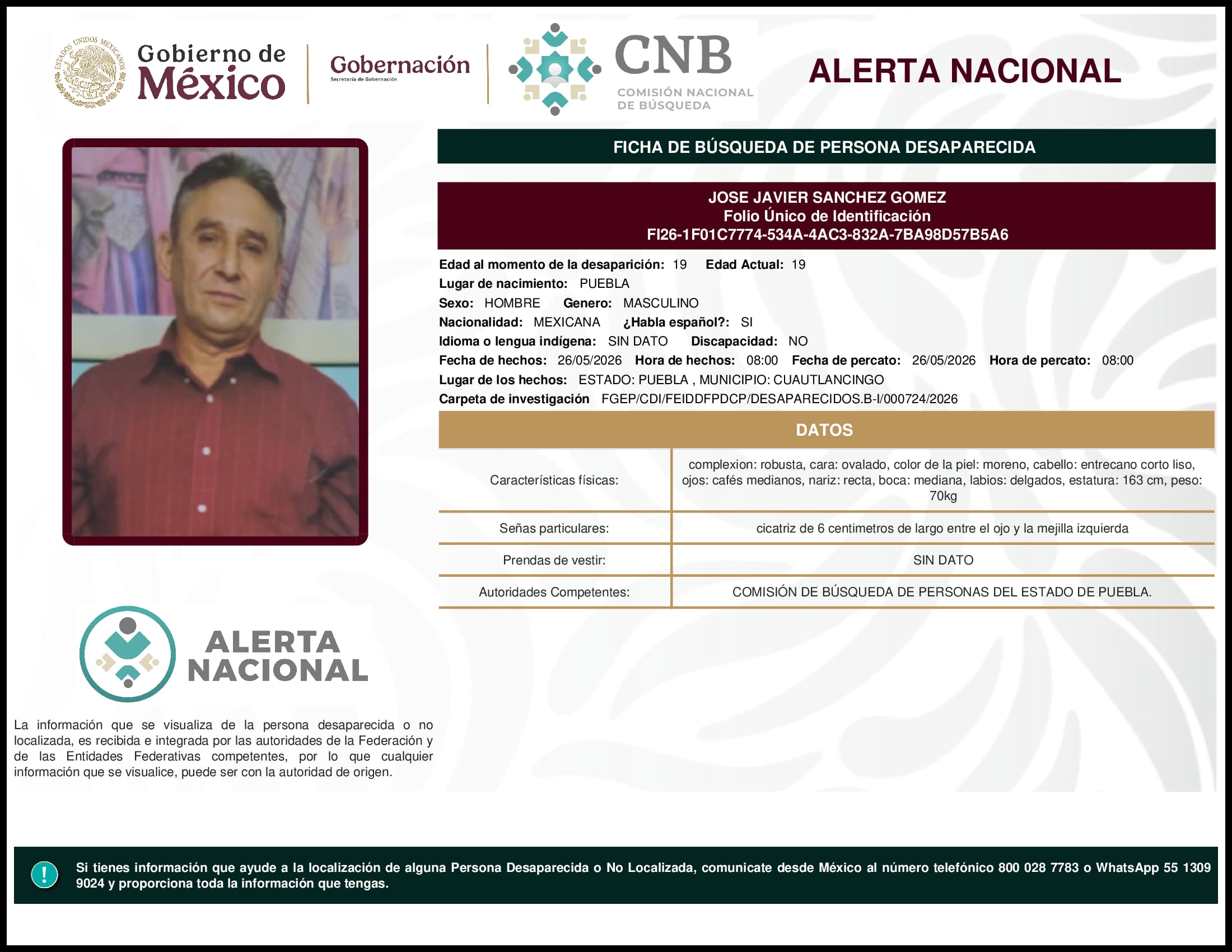Persona desaparecida Jose Javier Sanchez Gomez