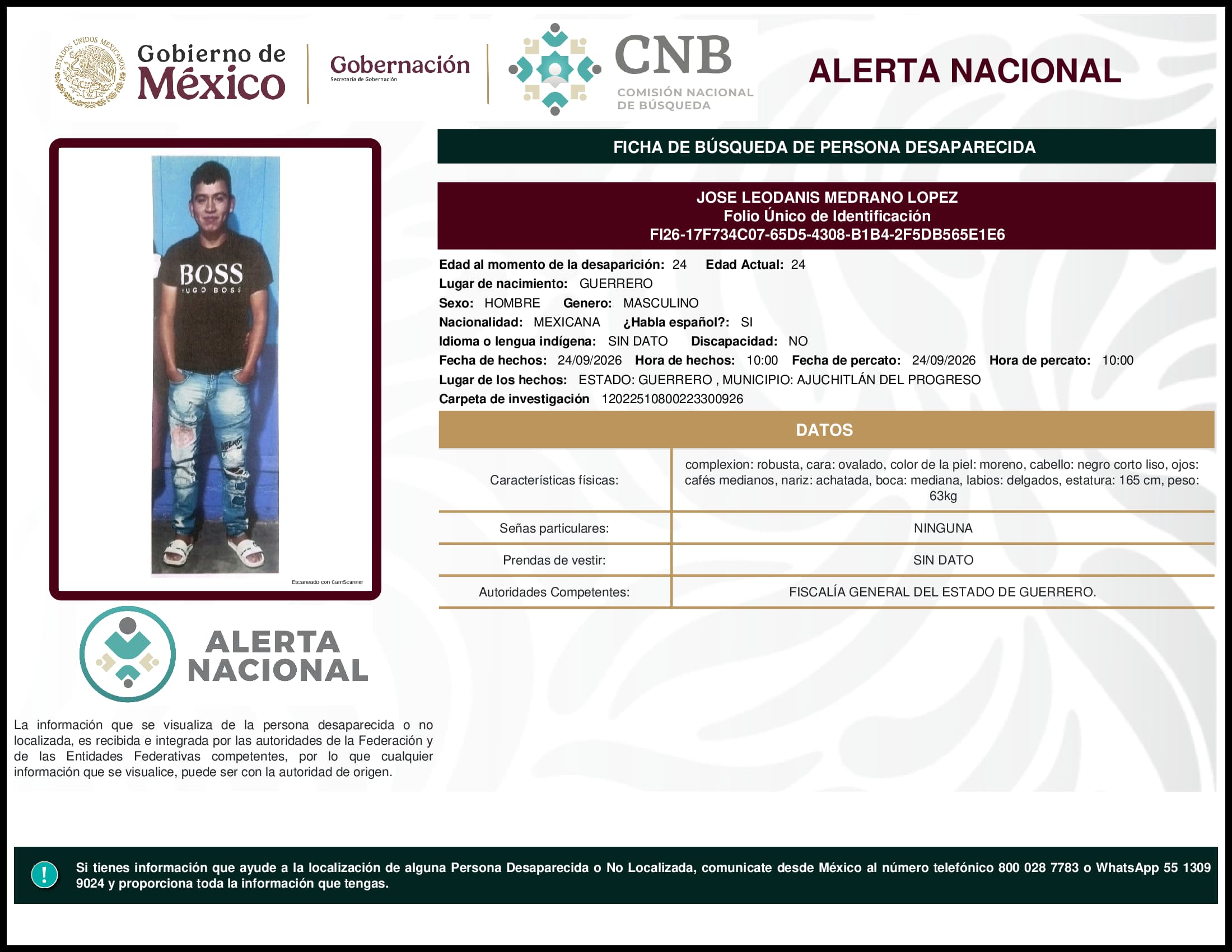 Persona desaparecida Jose Leodanis Medrano Lopez