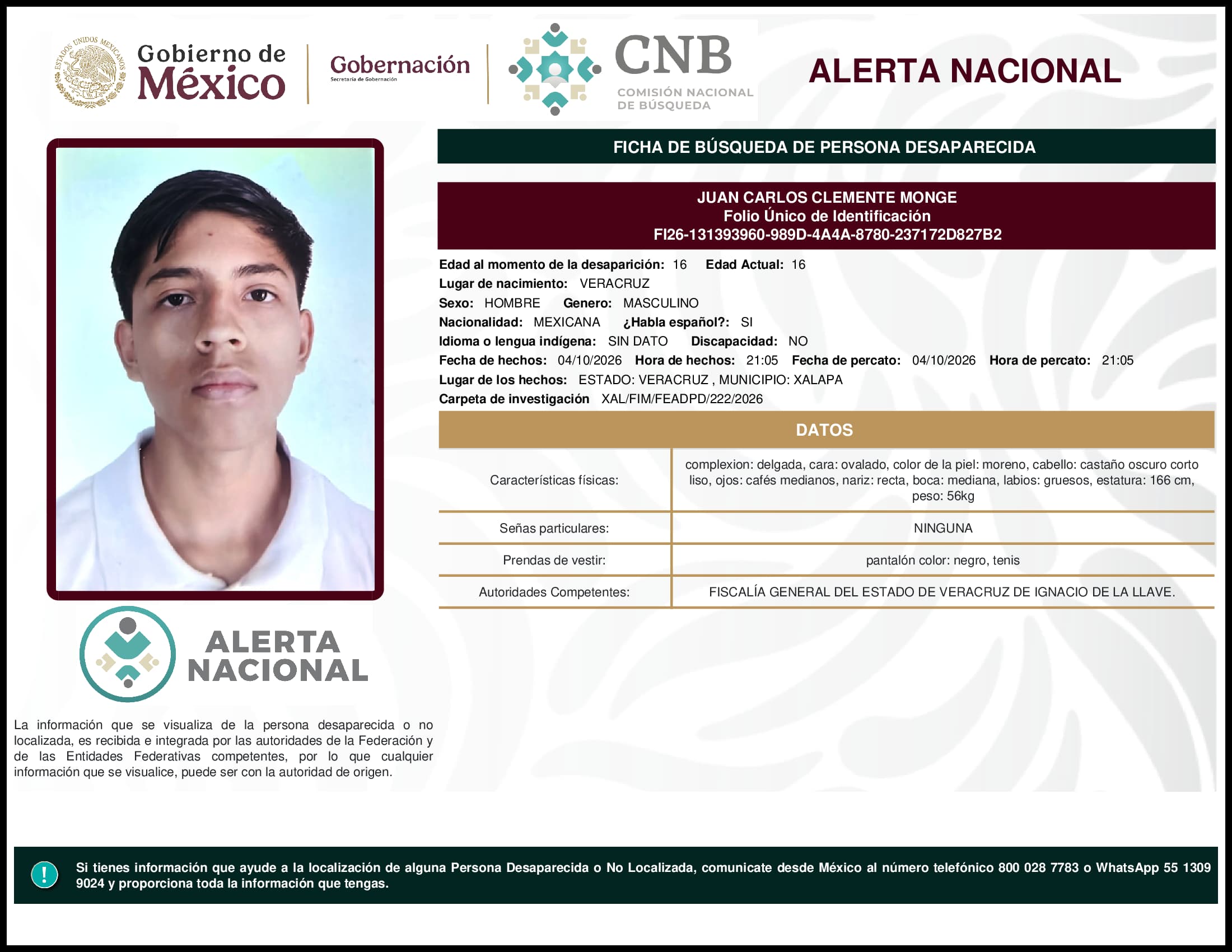Persona desaparecida Juan Carlos Clemente Monge