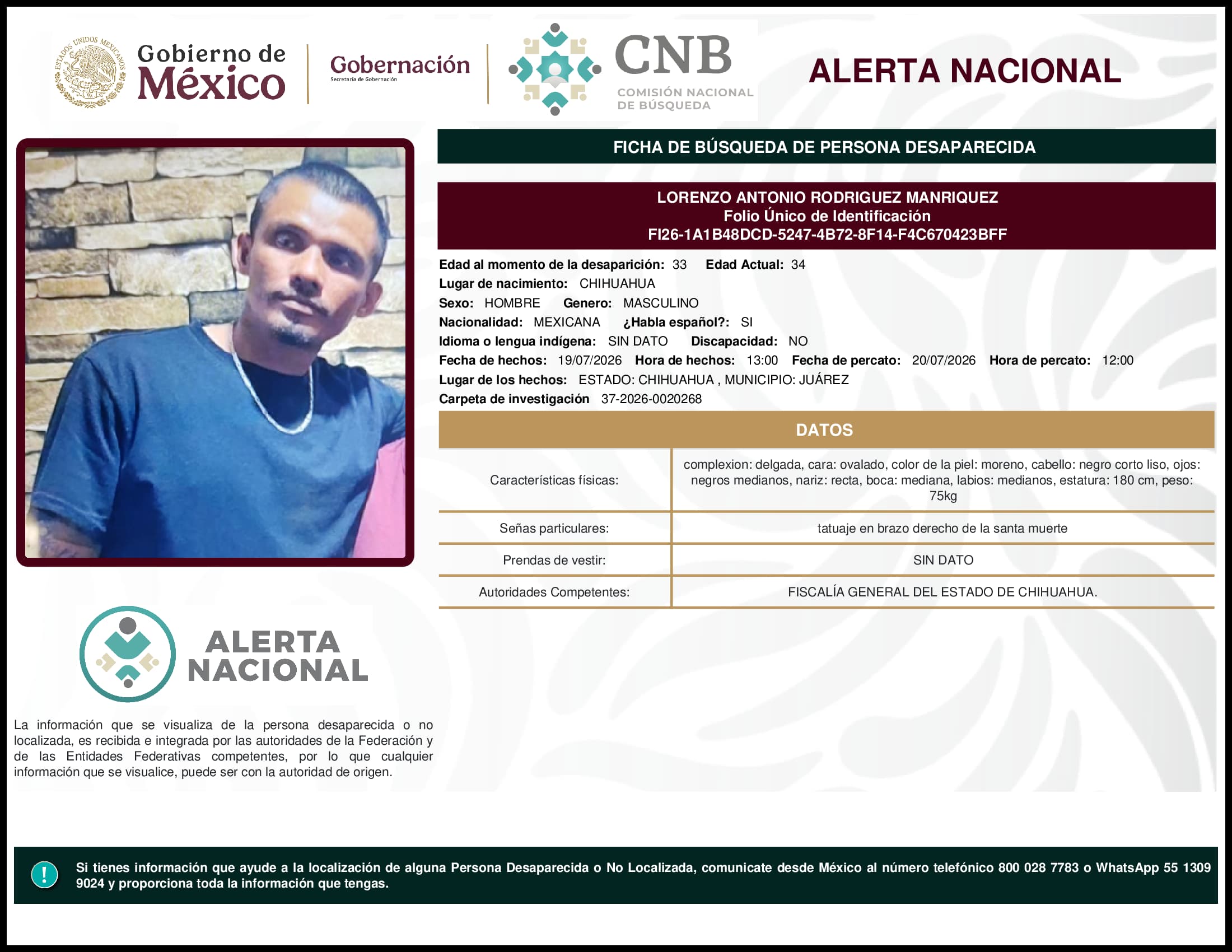 Persona desaparecida Lorenzo Antonio Rodriguez Manriquez