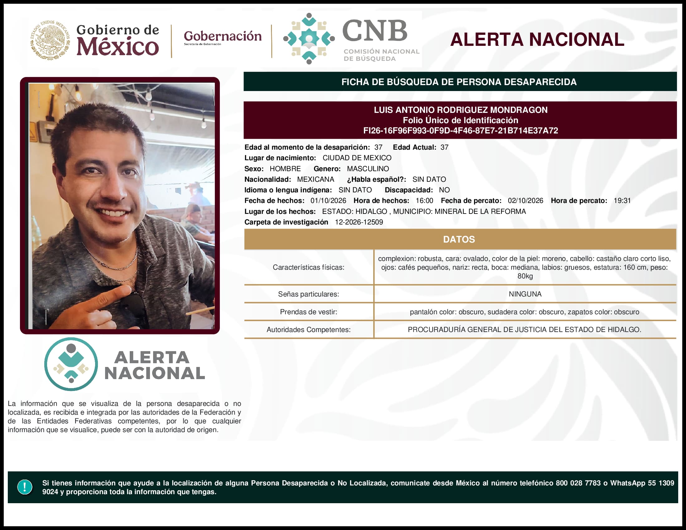 Persona desaparecida Luis Antonio Rodriguez Mondragon