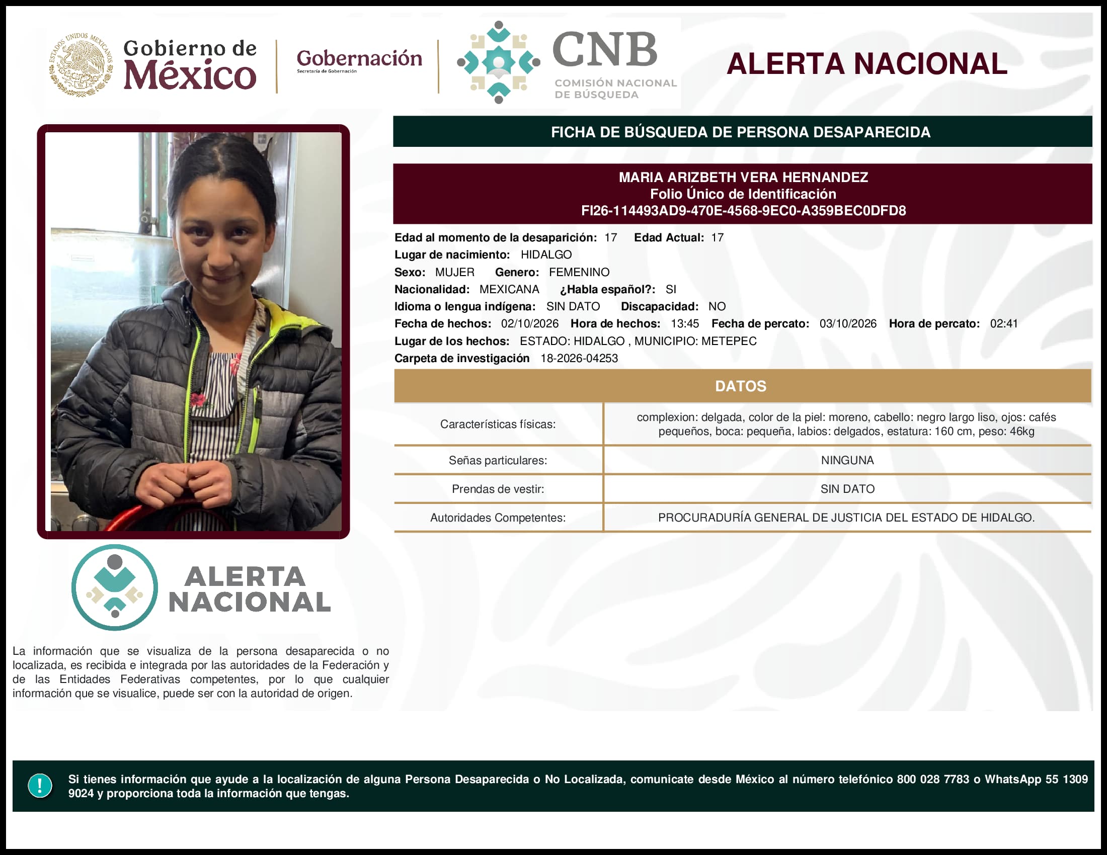 Persona desaparecida Maria Arizbeth Vera Hernandez