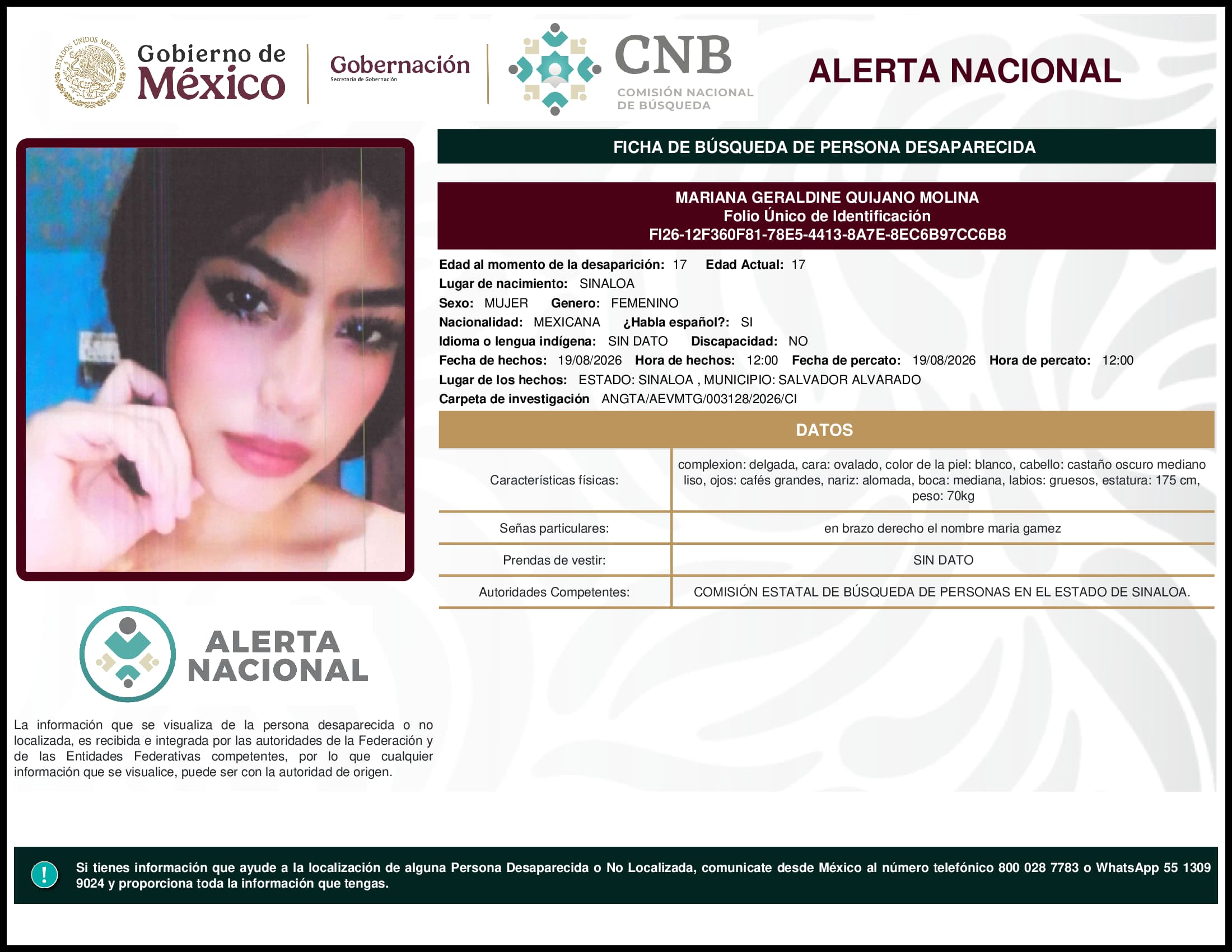 Persona desaparecida Mariana Geraldine Quijano Molina
