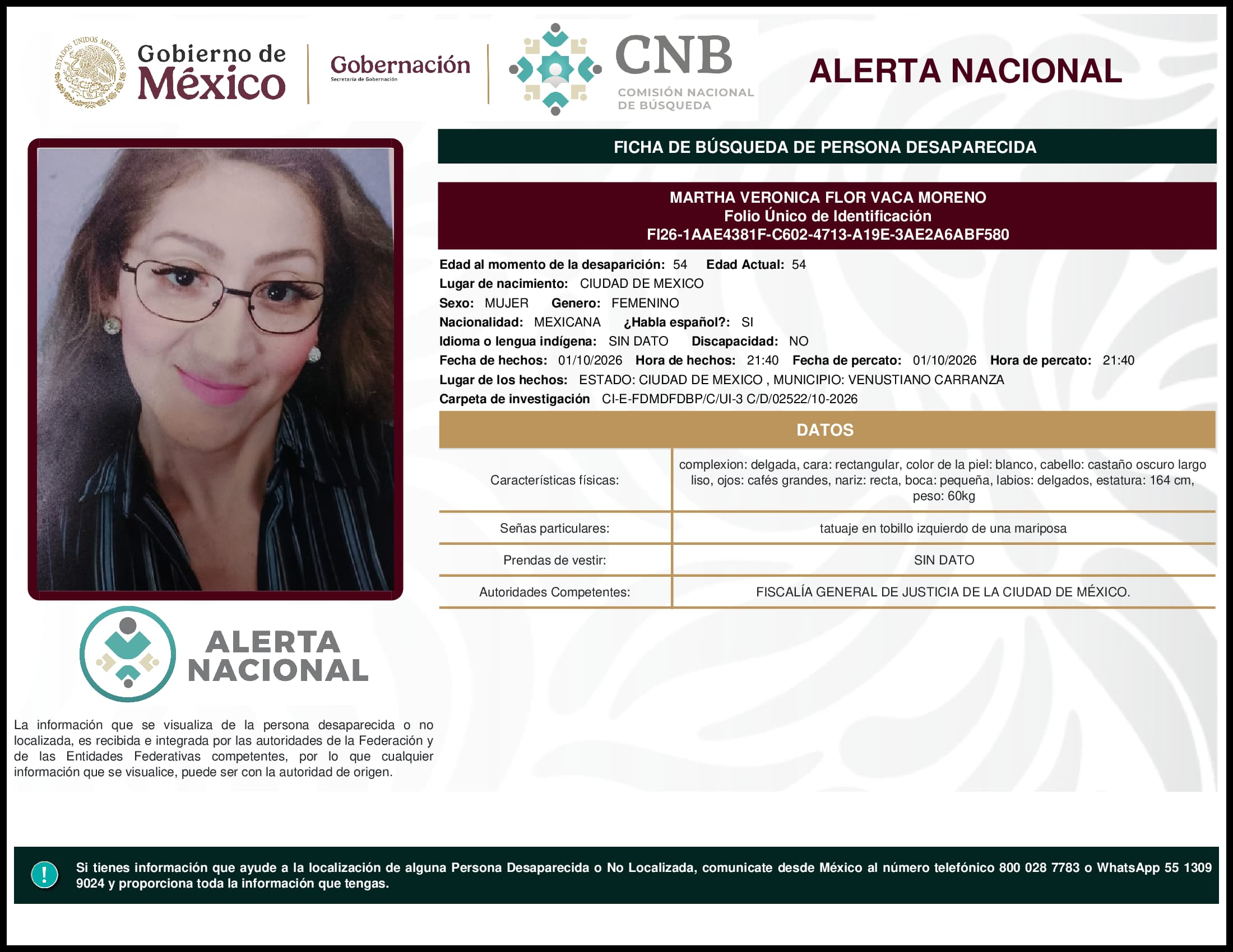 Persona desaparecida Martha Veronica Flor Vaca Moreno
