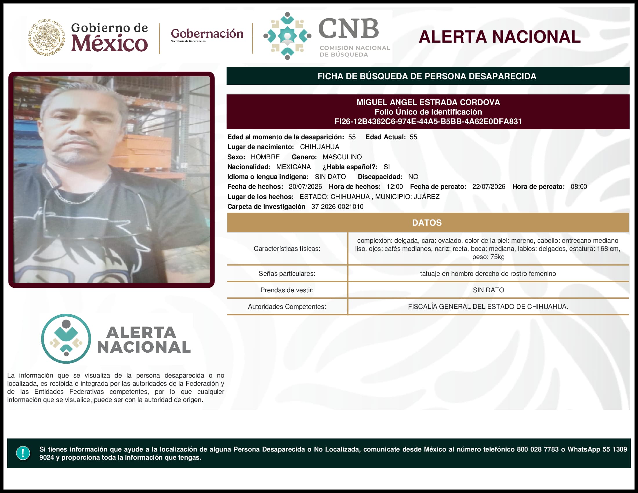 Persona desaparecida Miguel Angel Estrada Cordova