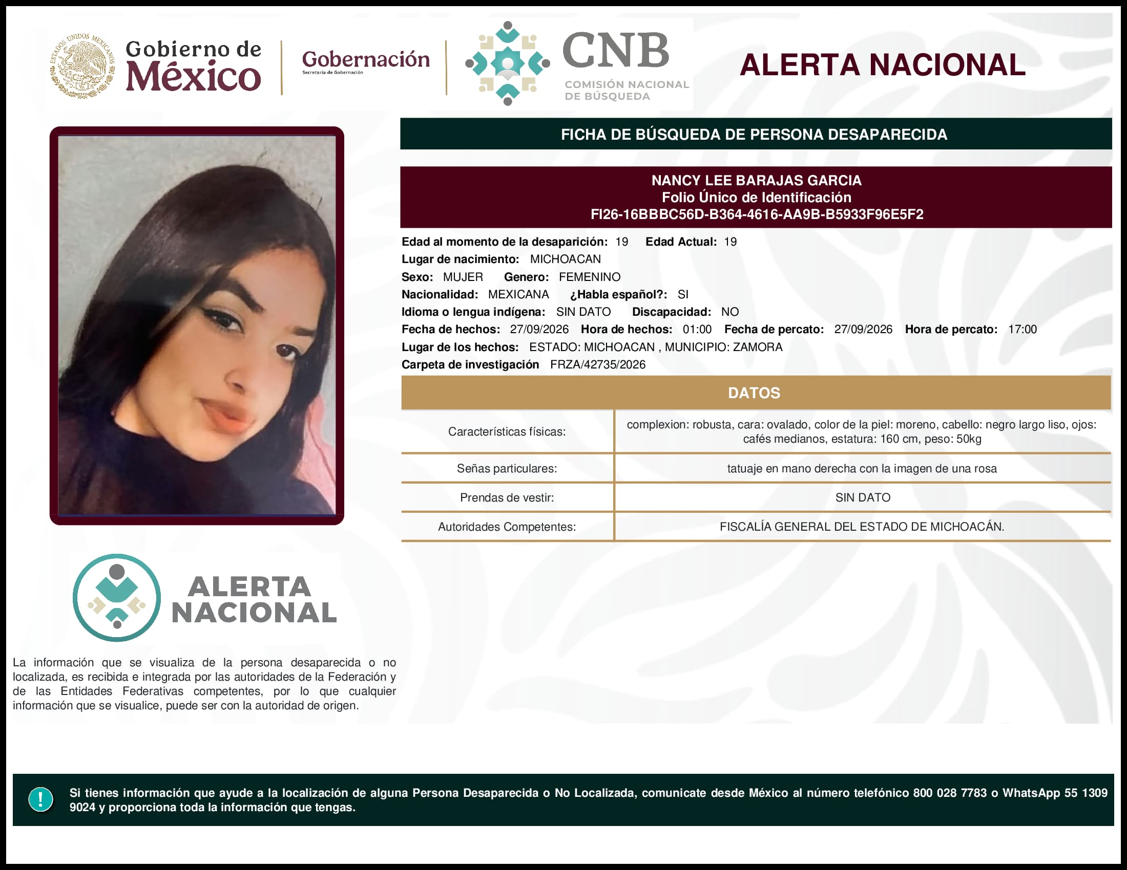 Persona desaparecida Nancy Lee Barajas Garcia