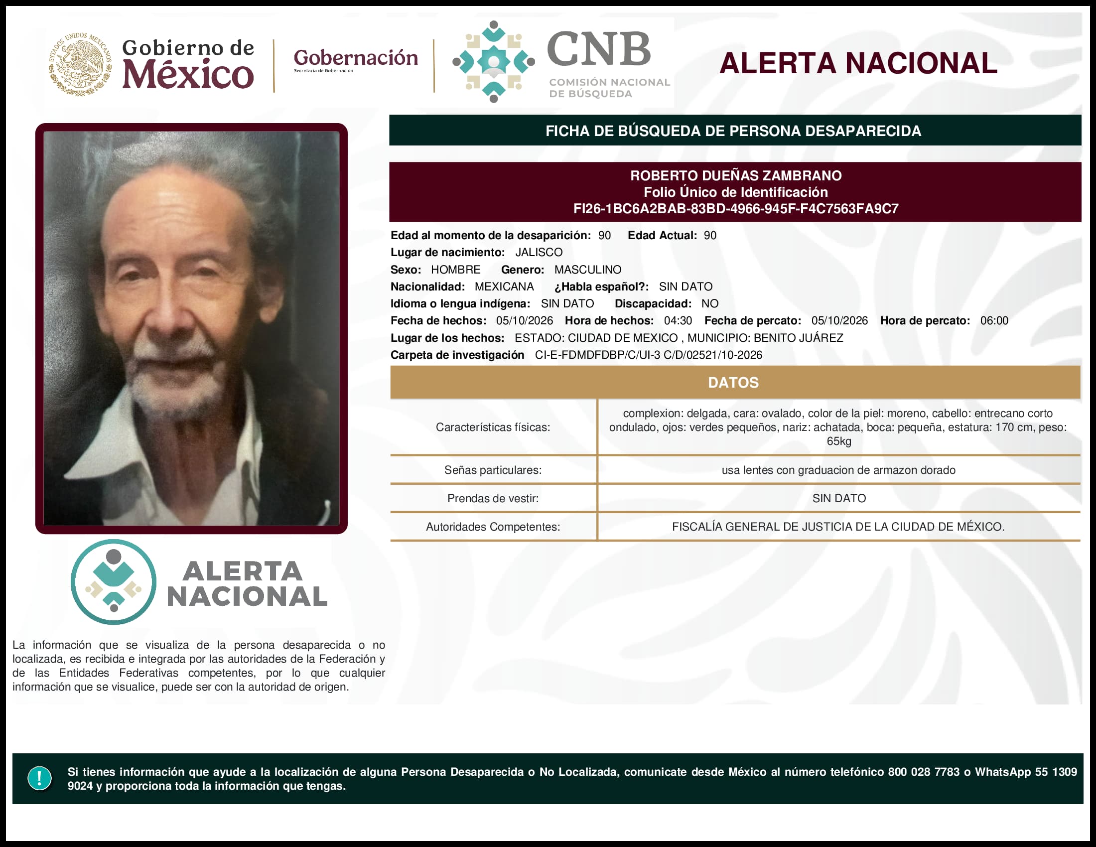 Persona desaparecida Roberto Duenas Zambrano
