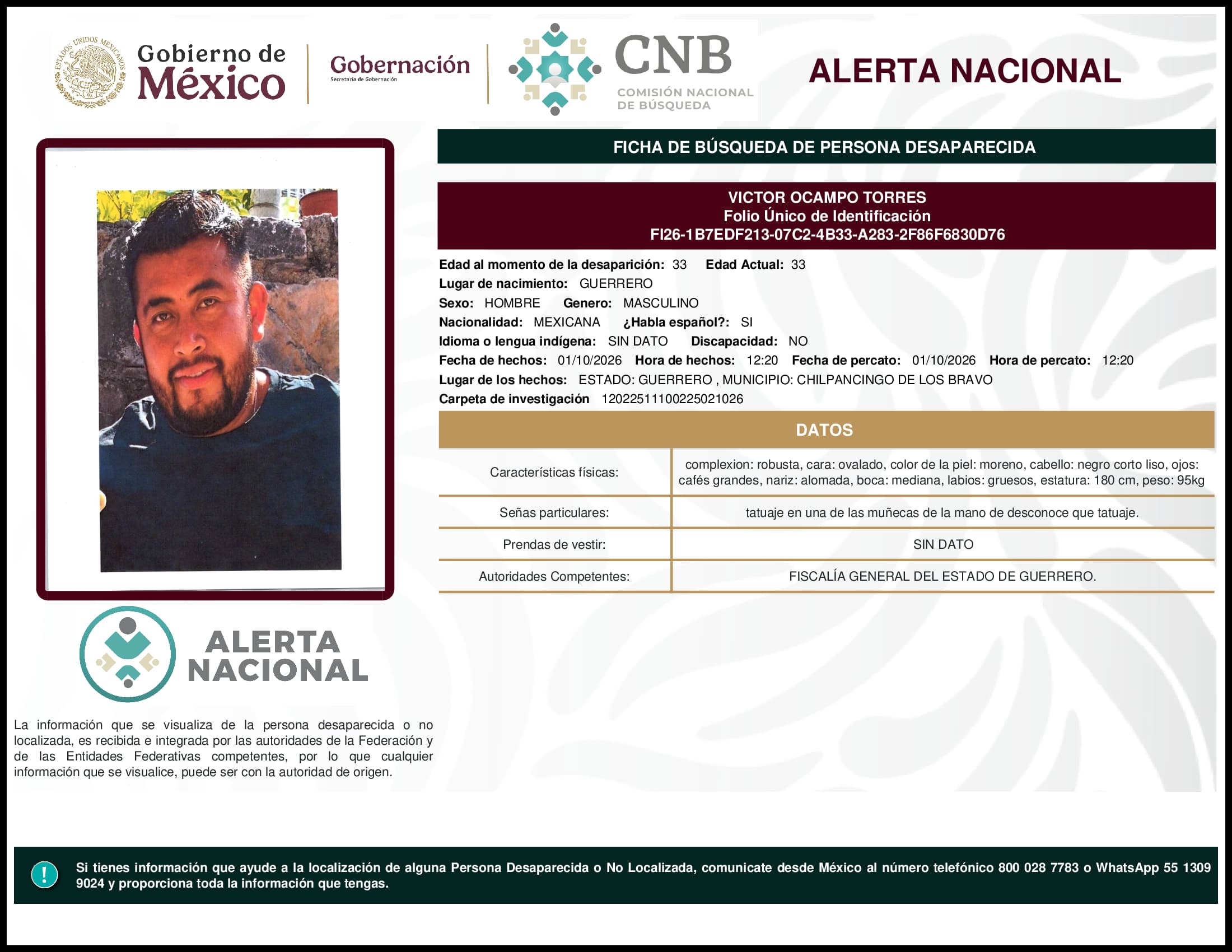 Persona desaparecida Victor Ocampo Torres