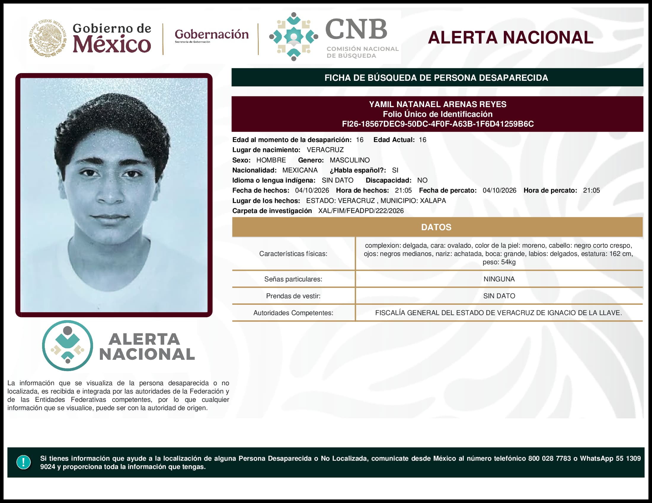 Persona desaparecida Yamil Natanael Arenas Reyes